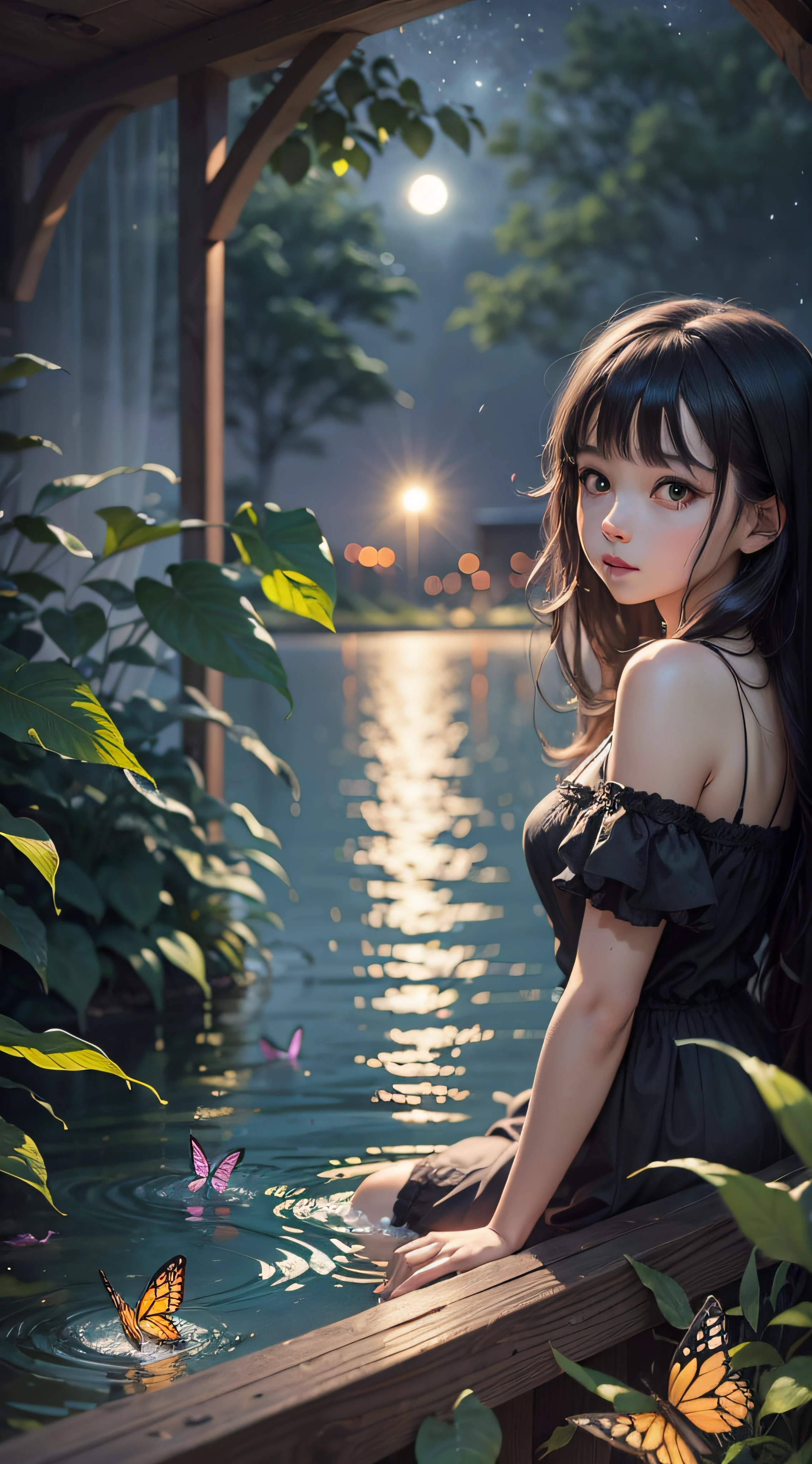 masterpiece, best quality, 1girl, , outdoors, black hair, glowing, night sky, yellow eyes, looking back, , long hair, butterfly, water,