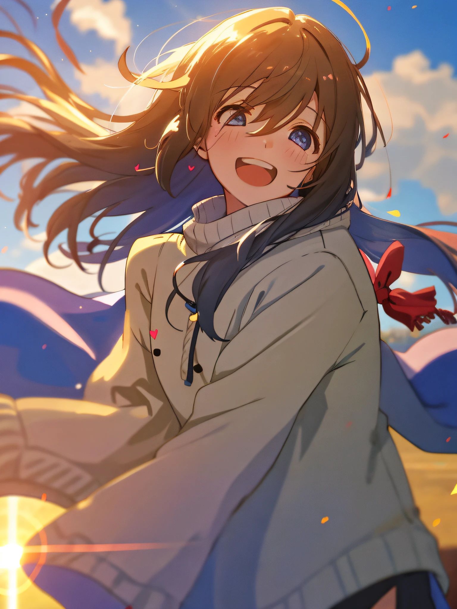 a girl, cosy sweater on, upper body, (huge Laughing:1.1), (open mouth:1.1), (wide open eyes:1.2), sun glare, bokeh, depth of field, blurry background, light particles, strong wind, (heart particles:1.1)