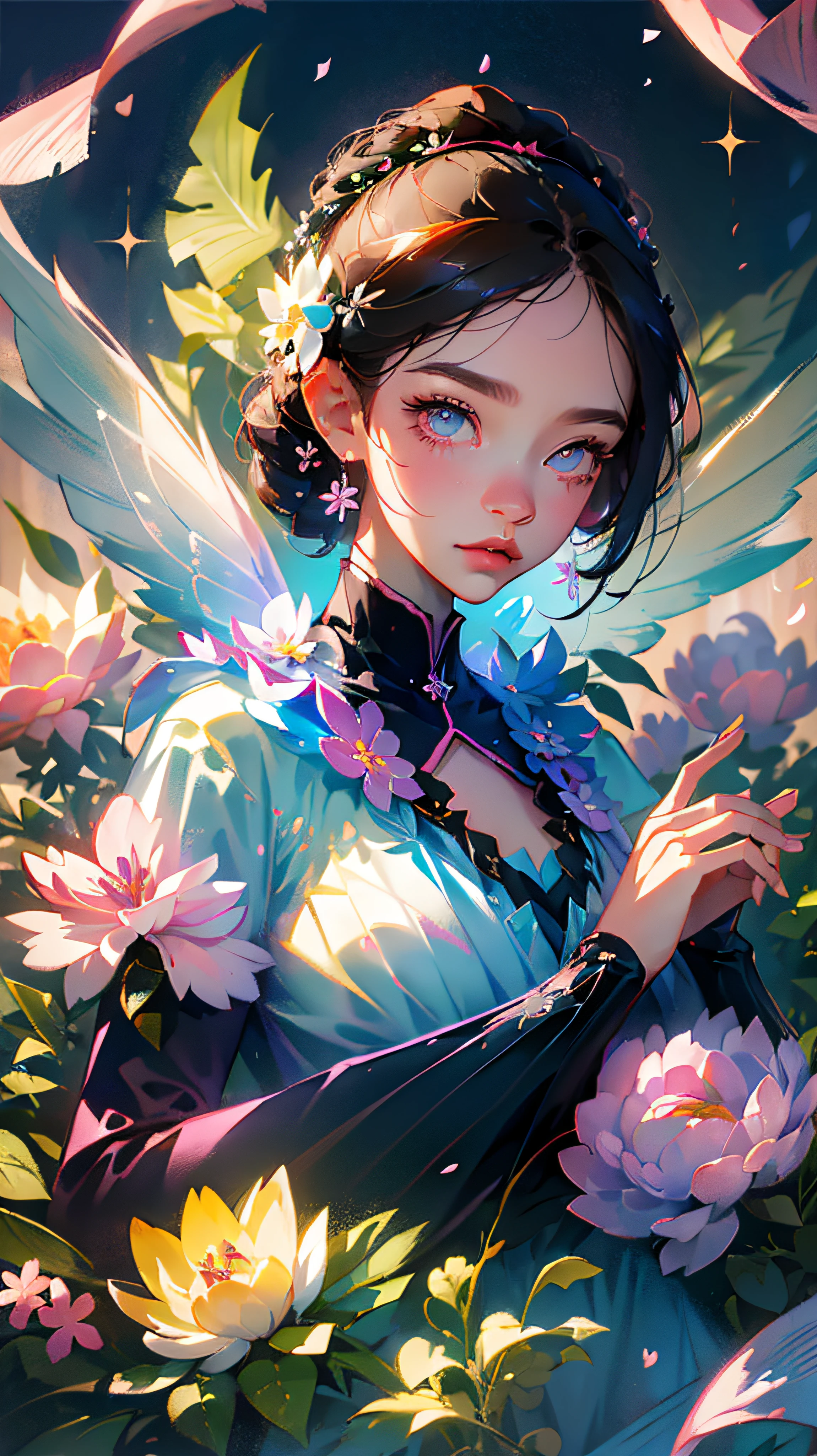 masterpiece, best quality, 1girl, , outdoors, black hair, glowing, night sky, yellow eyes, looking back, , long hair, butterfly, water,