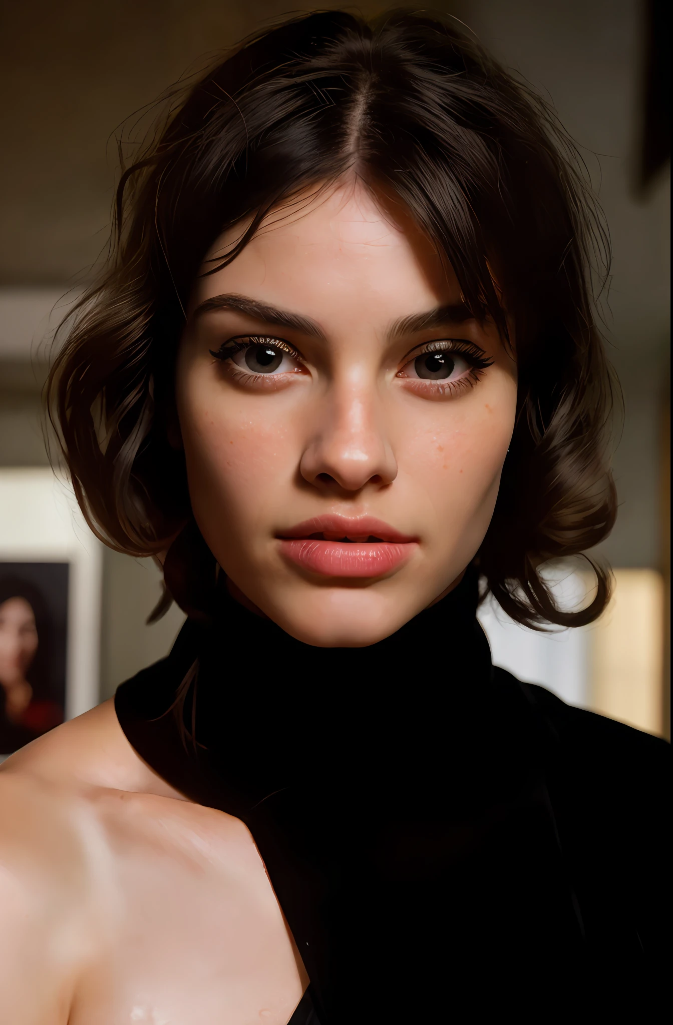 8k hyper realistic portrait (close-up, editorial photograph of a futuristic 19 year old woman), (highly detailed face:1.4) (smile:0.7) (background inside dark, serious, private study:1.3) by Lee Jeffries, Nikon D850, film bank photography,4 kodak portra 400, camera f1.6 lens, rich colors, hyper realistic, realistic texture, dramatic lighting, cinestill 800, traces of Italian, White ethnicity, fleshy lips and angelic face, hyper realistic 4K, curly hair and short black with smooth bangs, looking into the camera