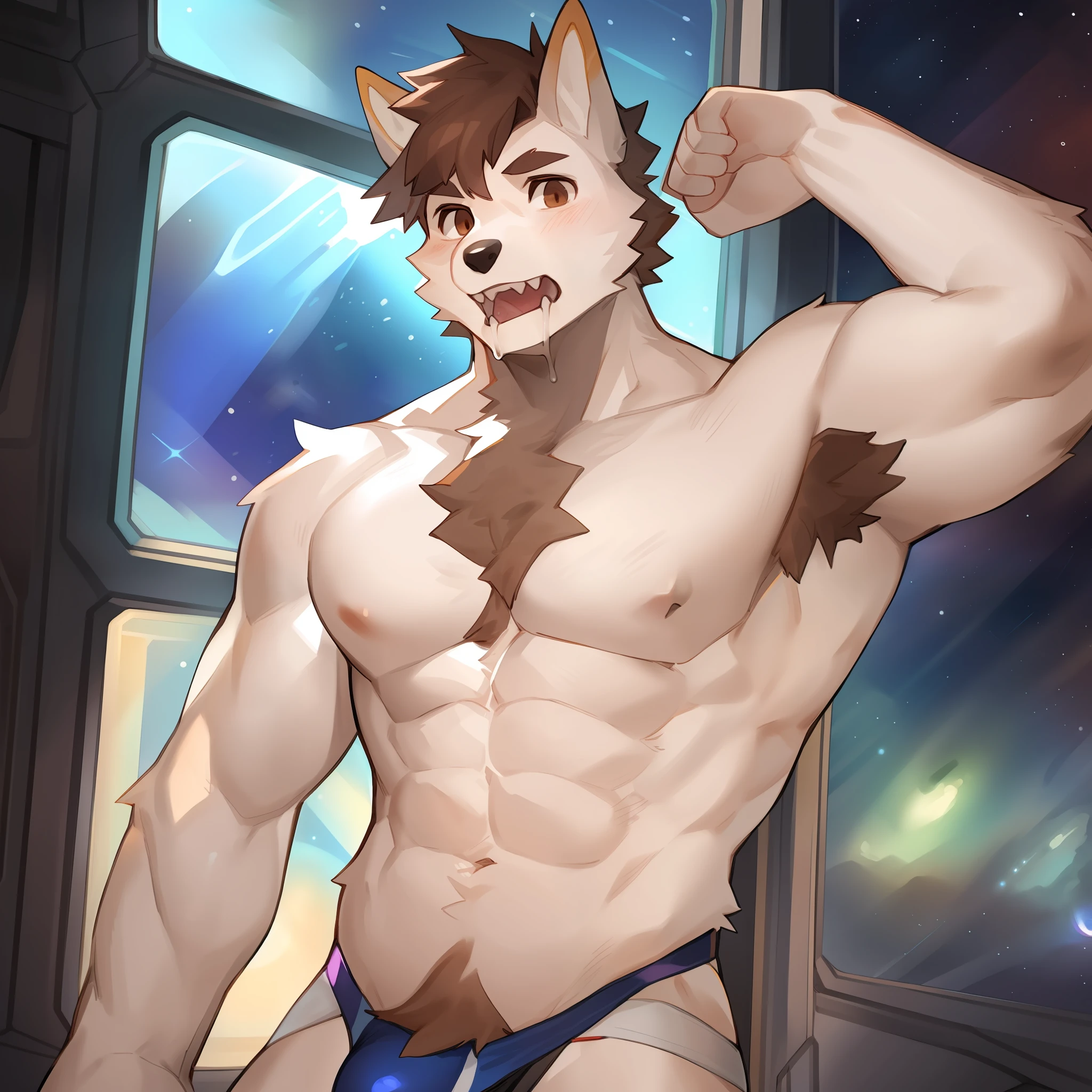 By bebebebebe, solo, male, muscular, canine, white fur, white body, big bulge, drooling, brown eyes, brown hair, armpit hair, chest hair, stubble, short hair, looking at viewer, hungry expression, hungry, sharp teeth, spaceship, space, window, standing, jockstrap