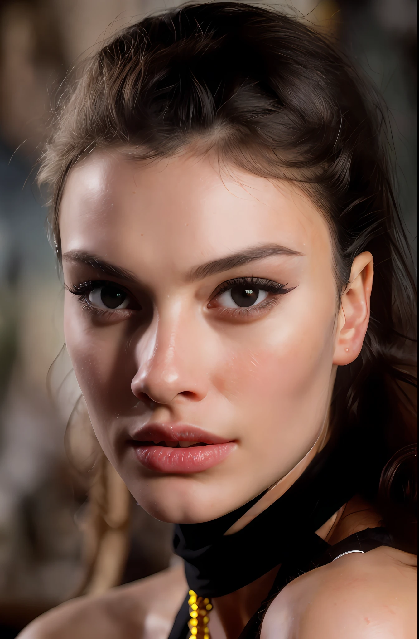 8k hyper realistic portrait (close-up, editorial photograph of a futuristic 19 year old woman), (highly detailed face:1.4) (smile:0.7) (background inside dark, serious, private study:1.3) by Lee Jeffries, Nikon D850, film bank photography,4 kodak portra 400, camera f1.6 lens, rich colors, hyper realistic, realistic texture, dramatic lighting, cinestill 800, traces of Italian, White ethnicity, fleshy lips and angelic face, hyper realistic 4K, curly hair and short black with smooth bangs, looking into the camera