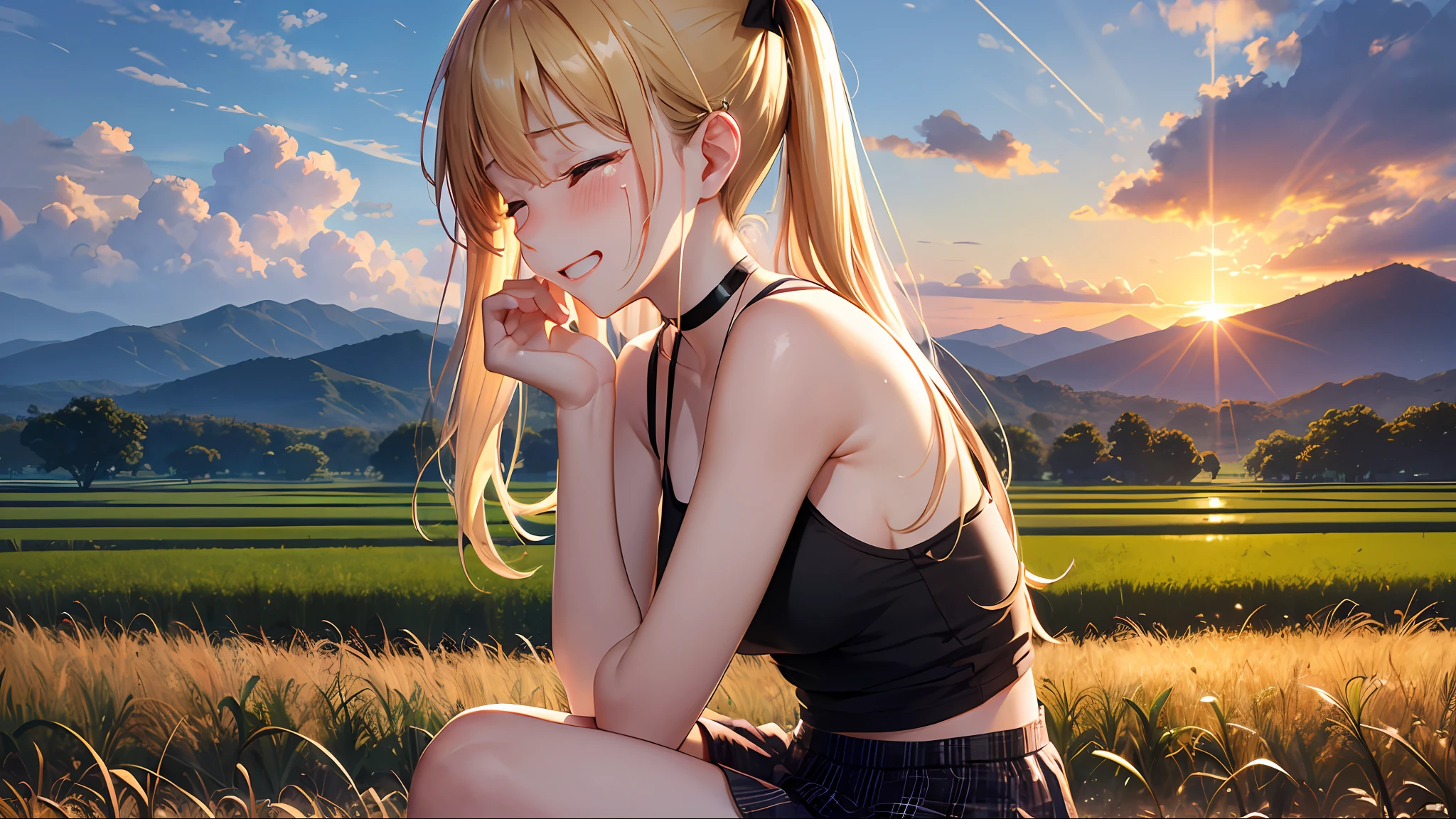 Top Quality, Best Masterpiece, 1 Woman, Solo, 20 Years Old, (Close Eyes: 1.4), Open Mouth, (Sad Smile Crying: 1.4), (from Side: 1.3), (Looking Away: 1.4) Slender Body, (Gold Hair), Low Twin Tails, Shiny Hair, Tank Top with Red Lines on Black, Checked Skirt, Black Sneakers, Blushing, evening, a lot of rice fields, big sunset, sitting in the steppe, choker, hiding hands behind your back