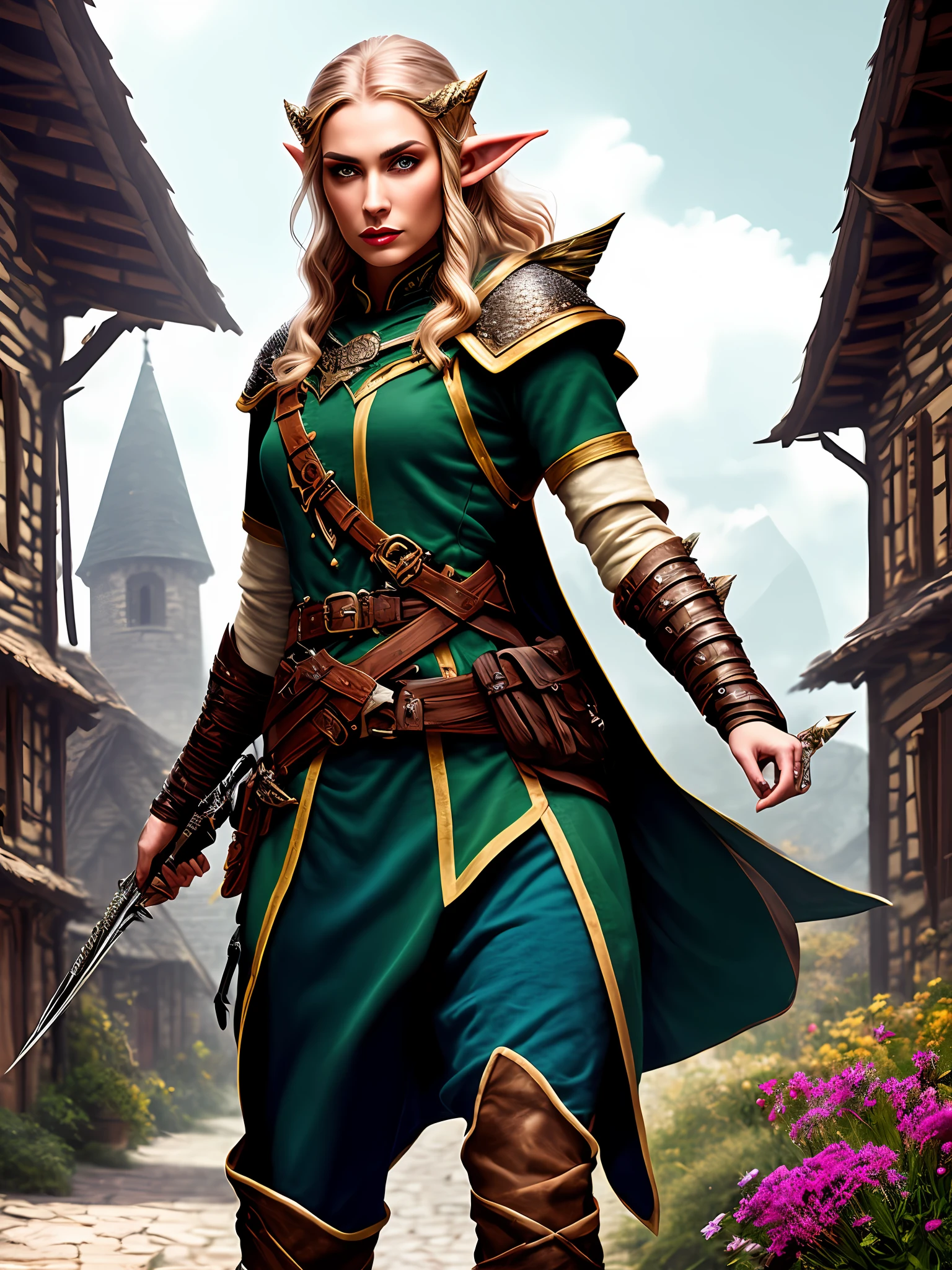 modelshoot style, award winning digital art of an elven ranger woman, fully clothed, in a fantasy village, d&d, masterpiece, best quality, high contrast, soft lighting, backlighting, bloom, light sparkles, chromatic aberration, smooth, sharp focus