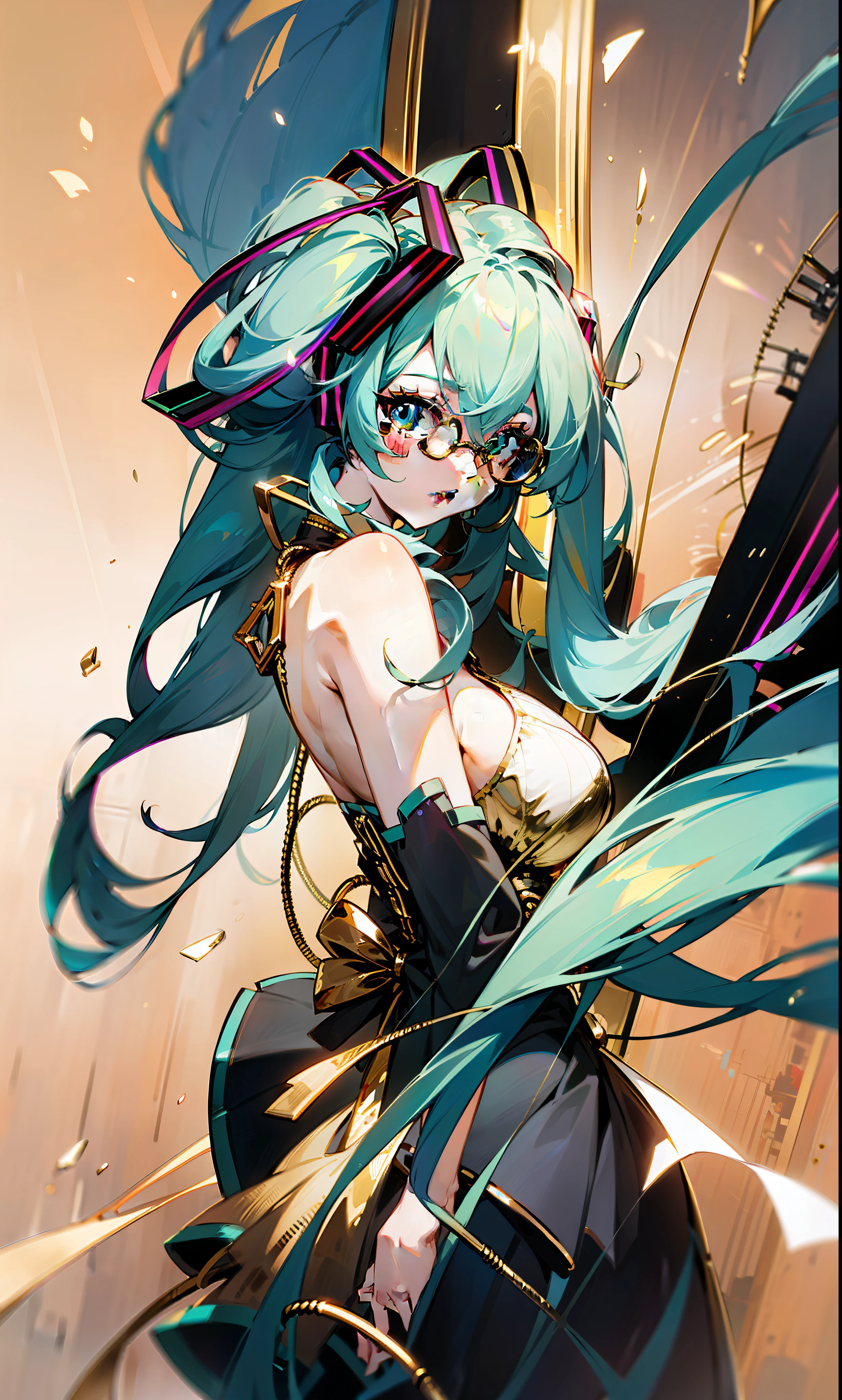 length hair,((The hair is blown away by the wind)),(((Unilateral gold wire glasses))),((Big breasts Hatsune Miku)),Golden clock tower background