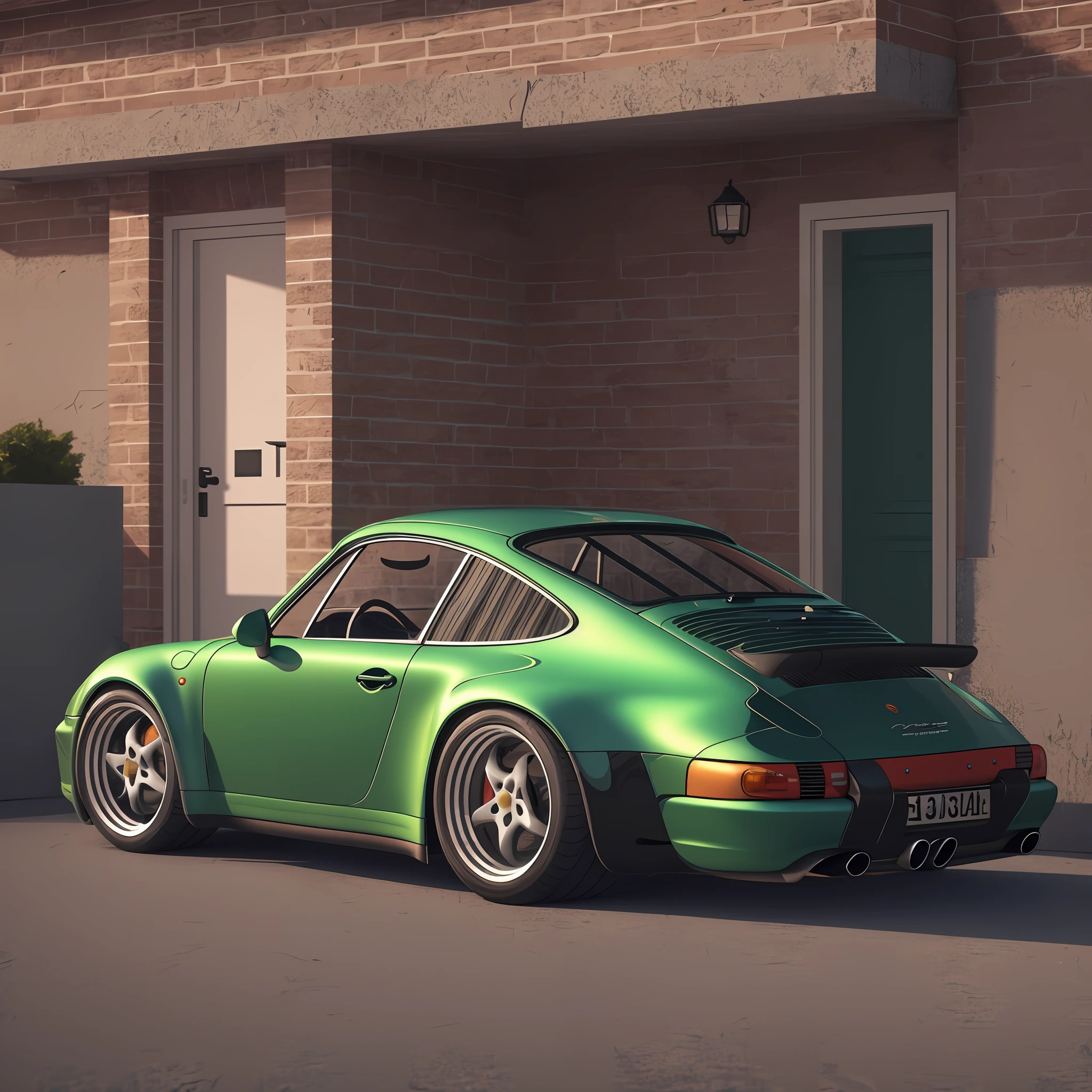 The Allafard Green Porsche 964 is parked in front of the garage, highly detailed hyper real retro, Porsche 964, Porsche 964,, hyper detailed 3d render, hyper detailed 3d render, Porsche 964, 3 d hyper realistic render, porch, ultrarealistic render, hyperrealistic 3d render, hyperrealistic render，refit，broad body，empennage，Porsche 964