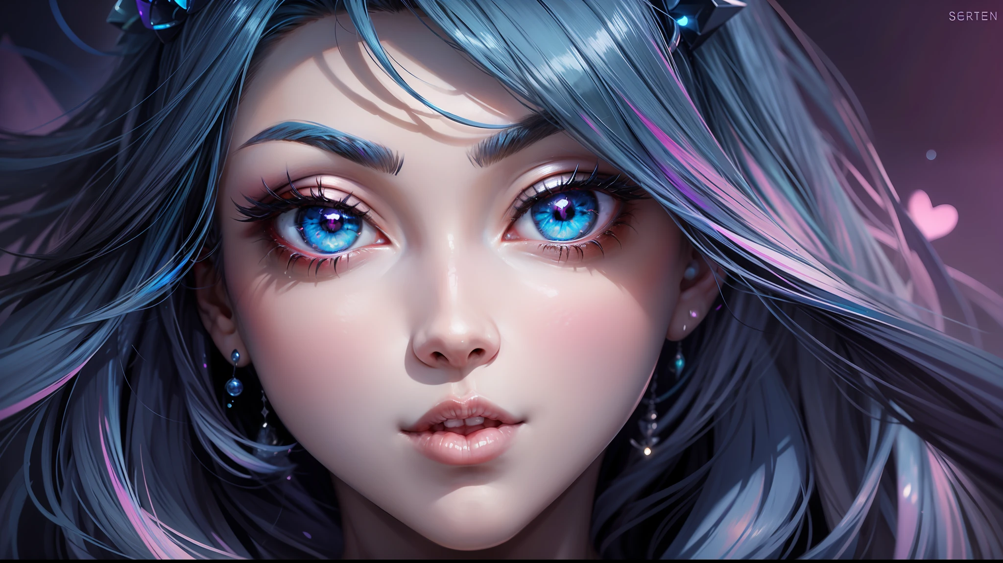Mulher ninja com fone de ouvido sentido paz, olhos fechados, rosto bonito, cores RGB, cabelo roxo brilhante, colorido anime, fundo brilhante, Banner for youtube video, feliz, nuvens com cores RGB, cores RGB brilhantes, completo, ser celestial.