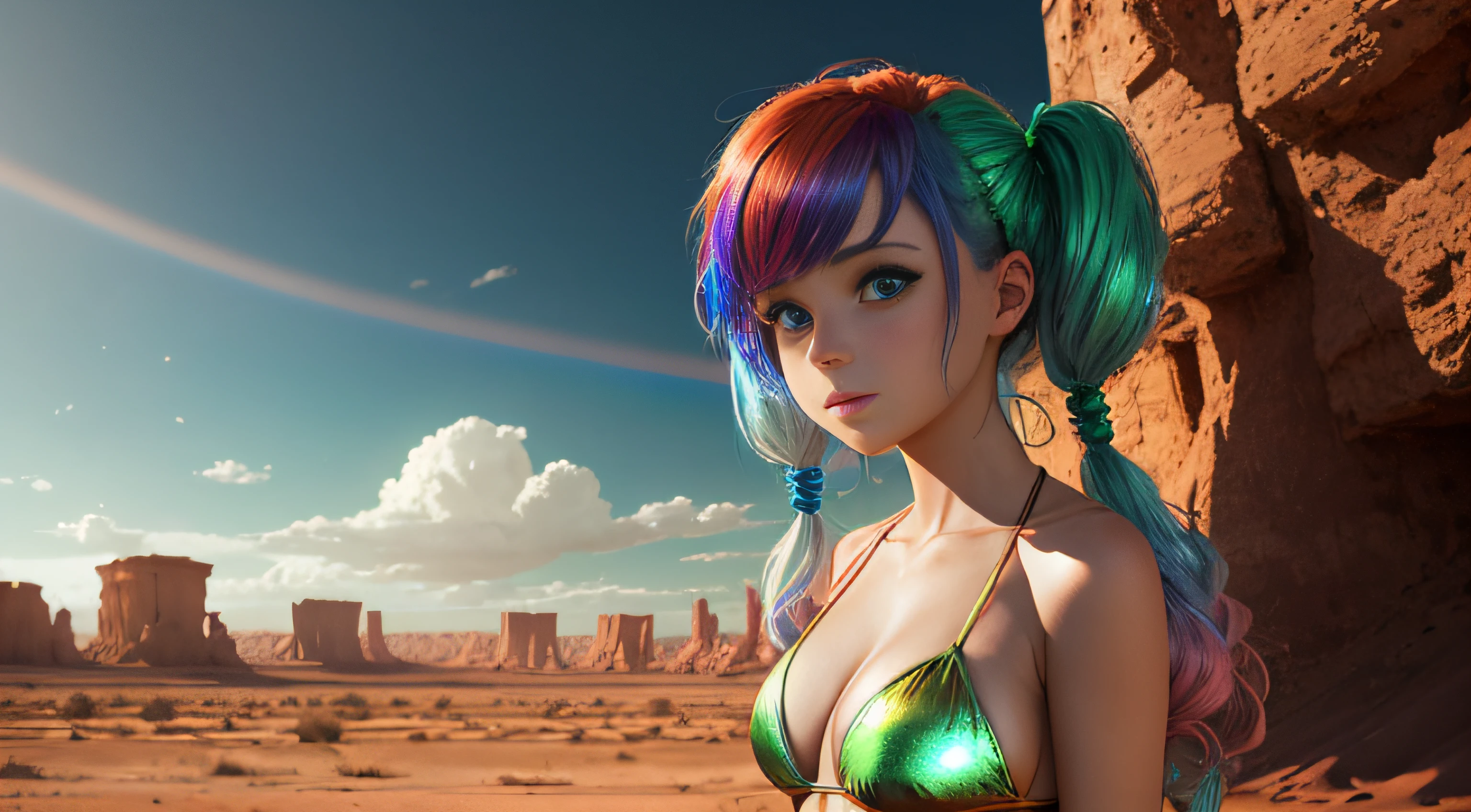 cute redhead woman in twin tails, multiple rainbow colored hair, sky-blue eyes, happy, Ukrainian, petite, pale skin, wearing a green metallic color bikini, post apocalyptic background, bleak barren desert, photo realistic woman. --auto