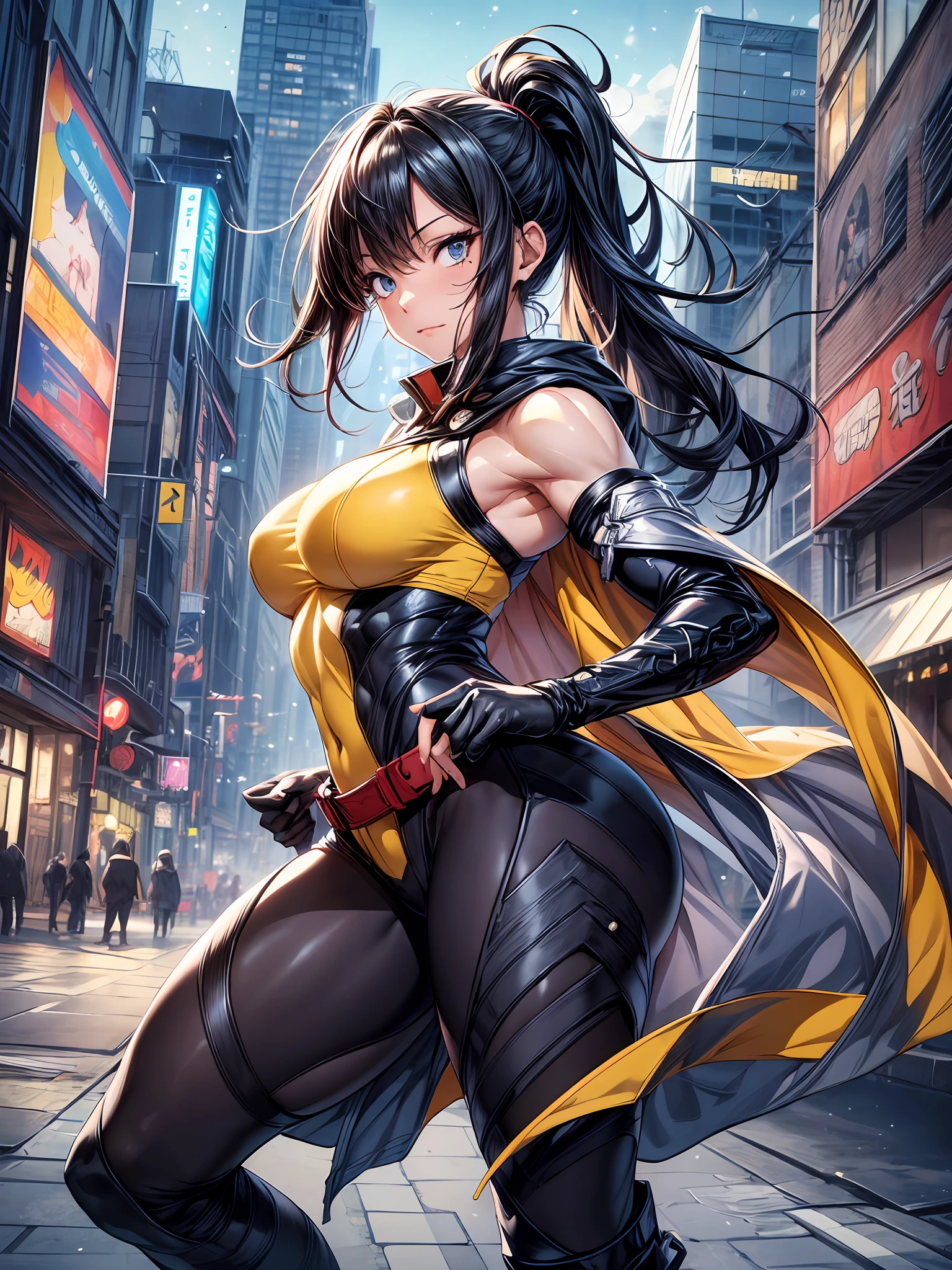 high contrast, (8K UHD:1.2), (photorealistic:1.2),(masterpiece:1.4), (best quality:1.4),extremely detailed wallpaper, highly detailed illustrations, (1 Girl), (best lighting) , (super-complex details) , 4K unified, (super-detailed CG: 1.2) , (8K: 1.2),(original), (masterpiece) , (best quality),(Masterpiece:1.4),Anime-ish high quality,(pov), nanashimura, \(boku no hero academia\), yellow gloves, black hair, long hair, folded ponytail, mole under mouth, cape, white cape, large breasts, blue eyes, sleeveless, full body bodysuit, hair between eyes, belt, boots, yellow footwear, fearless smile, muscular female, (from side, upright levitation and stylish pose, city buildings and night sky), anime picture, art cg, (ultra-detailed:1.3), masterpiece, best quality, illustration, particle lighting, beautiful detailed glow, an extremely delicate and beautiful, gleaming skin, shiny hair, detailed and delicate costumes,((muscular,muscles))