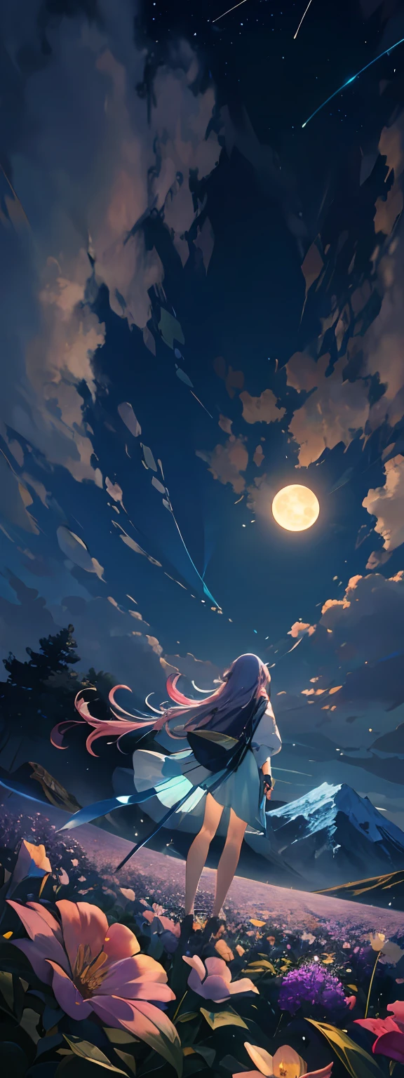 Expansive landscape photograph，（pov from below，Above is the sky，Below are open fields），A girl standing on a flower field looking up，Dreamy light blue pink long hair，Whole body , moonlight（moon full：1.2），（Meteor：0.9），（Starcloud：1.3），far away mountain, Tree BREAK making art，（Warm light source：1.2），（glowworm：1.2），lamp lights，Lots of purple and orange，Complicated details，Volumetriclighting，Realism BREAK（nmasterpiece：1.2），（最佳质量），4k，Ultra-detailed，（dynamic compositions：1.4），Heavily detailed，Colorful details，（Iridescence color：1.2），（Glow Lighting，Atmospheric lighting），dreamlike，magical，（独奏：1.2）