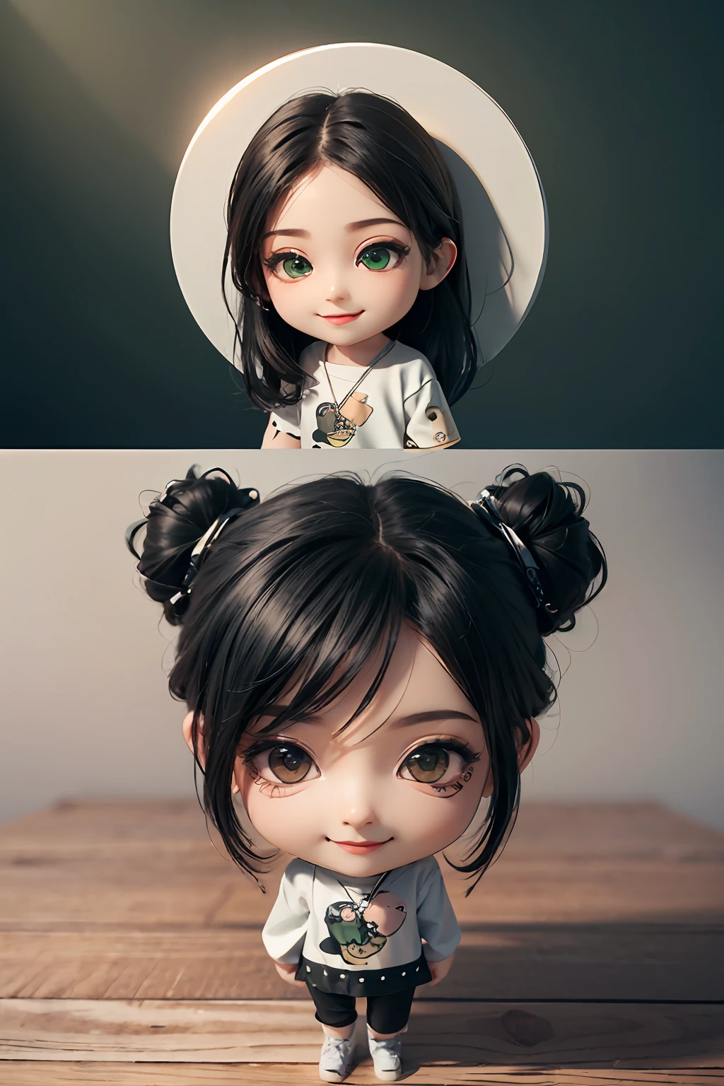 巨作, Best quality, (Realistic), (Perfect face), intricate complexity, Ultra detail, 3D art, a 3D render, 8K, Simple background, Natural light, (Chibi T-Shi:1.4), 1girls, Standing, black hair, green eyes, Casual, Smile, Spread your arms,head portrait