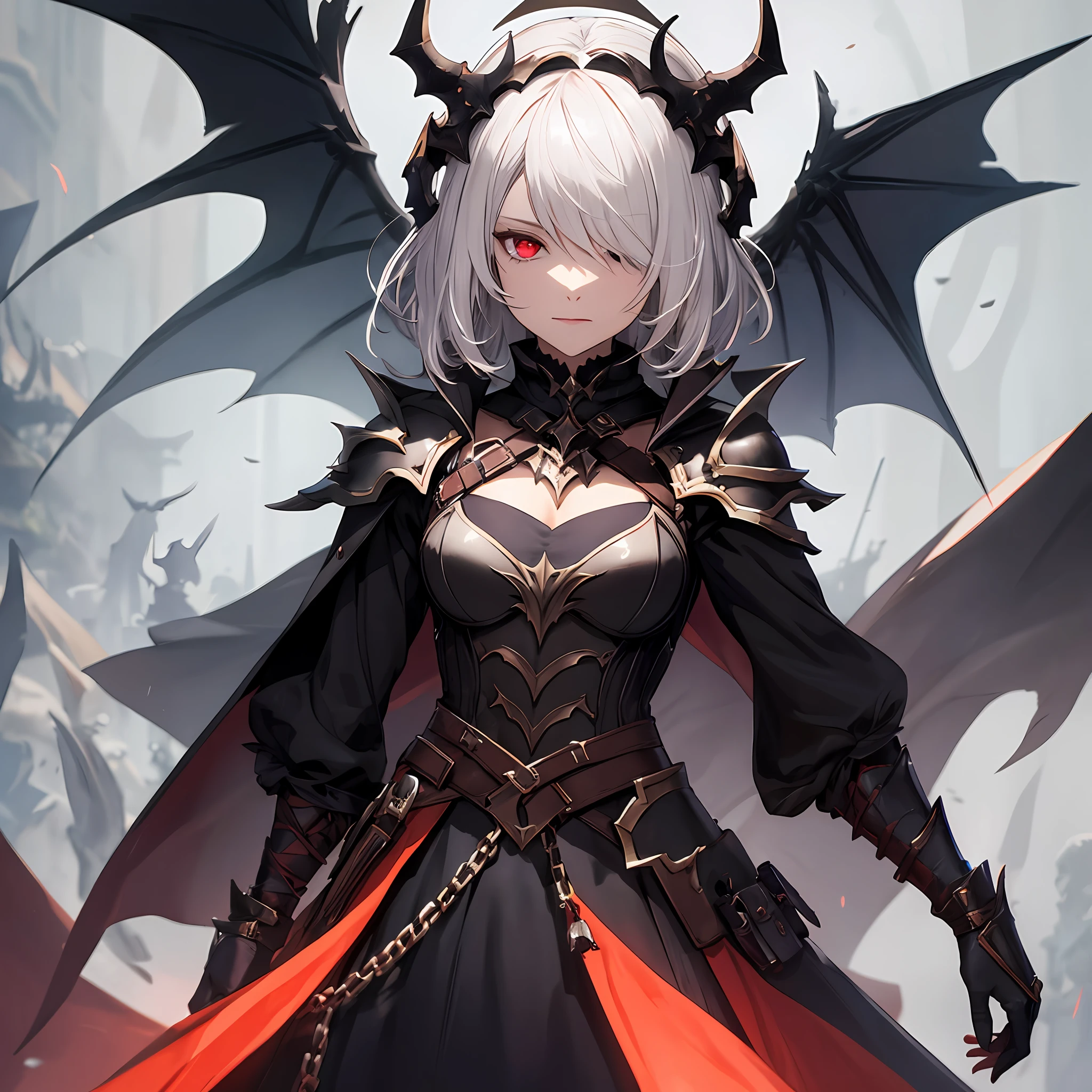 masterpiece, best quality, 1man, adult, male focus, solo, short white hair, vibrant red eyes, one eyed black sclera, gloves, looking at viewer, cape, High quality metal texture, demonic armor, closed mouth, metalic gloves, upper body, bangs, high collar,(kbxll:0.6), Fantasy aesthetics, Highly detailed, shadowverse style, shadowverse character concept, dark knight