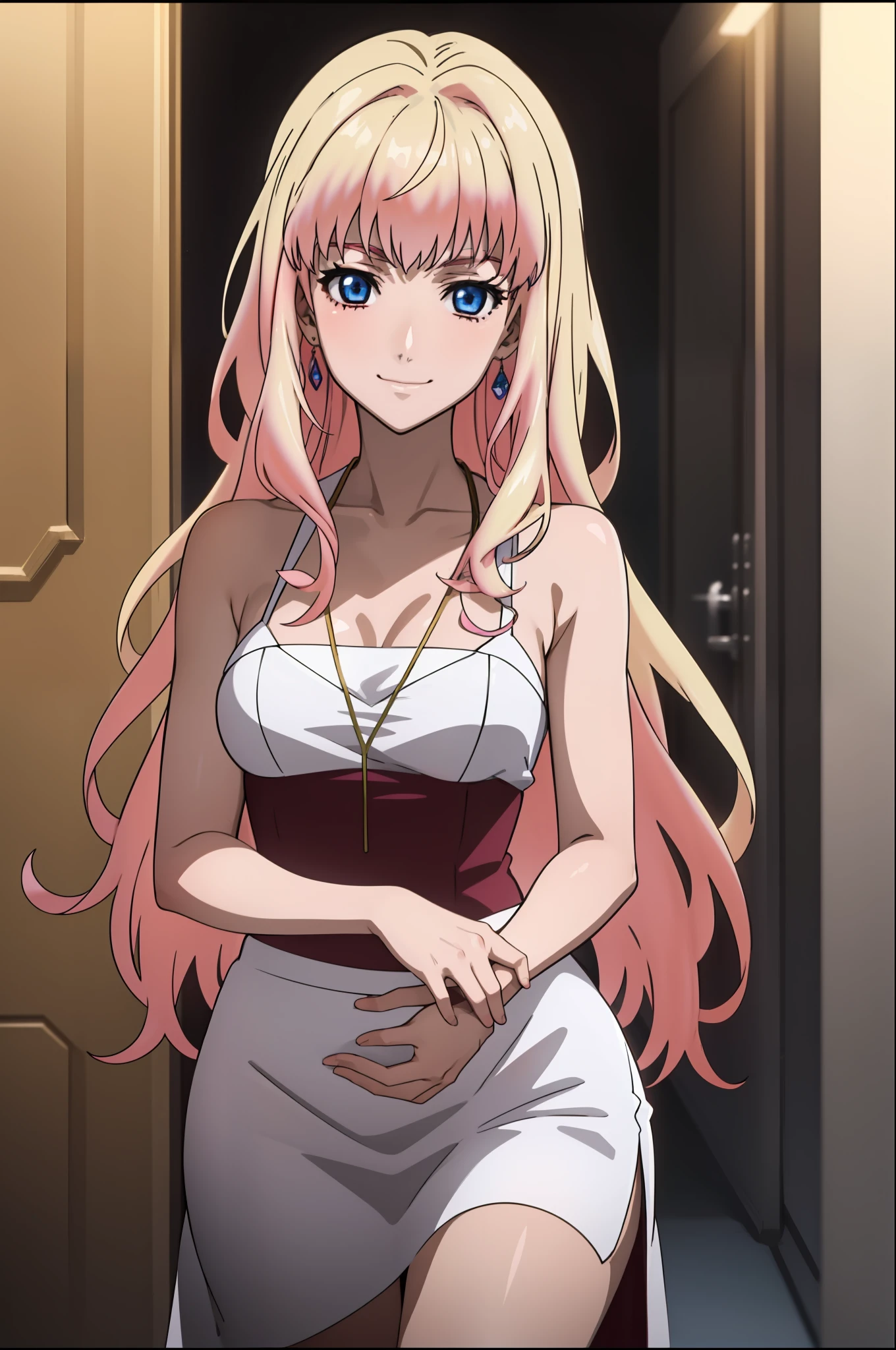 (anime:1.1), best quality, masterpiece,
1girl, sherly nome, multicolored hair, blonnde hair, pink hair, gradient hair long hair, medium breasts, blue eyes, mature woman,  looking at viewer, smile