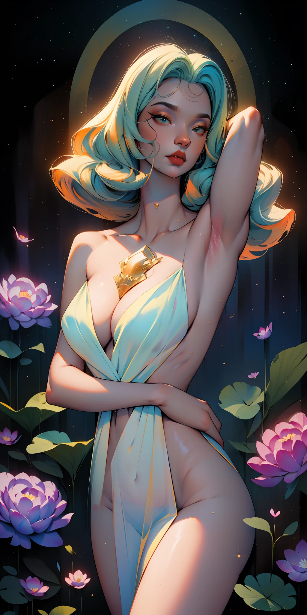 peony/lotus/cornflower/wheat/mallow/ chamomile/poppy/Wildflowers,professional,abstract beauty,approaching perfection,Dynamic,Highly detailed,digitally painted,Artstation,Concept art,Smooth,sharp-focus,an illustration,Artists: by Carne Griffiths, Wadim Kashin,leonid afremov,kandinsky,Psychedelic,watercolour,crystals foil,stylish,fantastic,gold,colorful neon, s face, waist-high, portrait of a, up close, near, queen, a goddess, A glorious sunrise, aura, glow, multi-colored bright aurora borealis, Spectrum Rainbow,Colored feathers, In a chic, lavender white mint hair, pastel, mixed-language_SMS, (beautiful and clear background:1.2),, fantastic paintings , olhos altamente detalhados, crystals, outer space, galaxy, Gorgeous hair, Background Flora Peony, poppy, hydrangea, Plants. Loving. Love. ultra detail hair, Best Quality, high qulity, high resolucion, detail enhancement, ((most beautiful image in the world)), Masterpiece, Best Quality, High Quality Detail Enhancement, ((most beautiful image ), Shiny hair, Ultra chic lace panties, Topless, naked body, curvy chic body, Stampa Flores, art by stjepan sejic, art by j scott campbell, art by guillem march, art by citemer liu, 4k, high resolucion, comic book character, comic, high quality detailed, style of ::2.0 comix illustration style,tatoon style, high qulity, high resolucion, detail enhancement, 8K, HD, Best Quality, high qulity, high resolucion, detail enhancement, 8K, HDR, sharp-focus, Ultra Detailed, perfect lighting, Curvy Body, Lush big breasts, Curvy big hips, sparks, Stars, The Cycle of the Stars