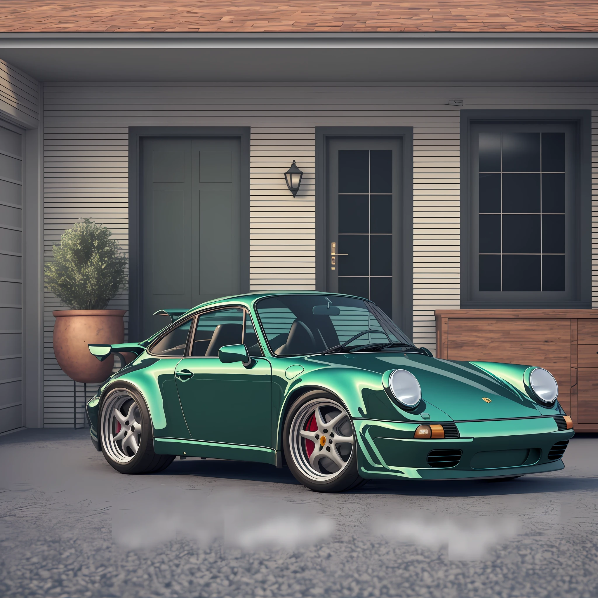 The Allafard Green Porsche 964 is parked in front of the garage, highly detailed hyper real retro, Porsche 964, Porsche 964,, hyper detailed 3d render, hyper detailed 3d render, Porsche 964, 3 d hyper realistic render, porch, ultrarealistic render, hyperrealistic 3d render, hyperreal rendering,refit,broad body,empennage,Porsche 964