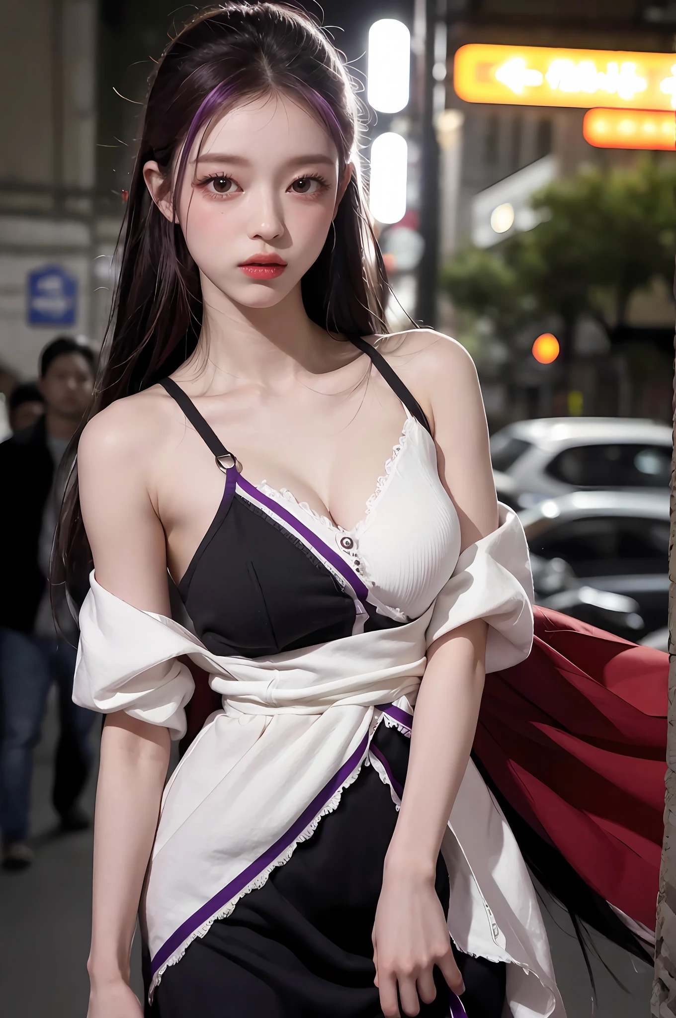 surrealism art，Gallery-level works，Ultra-precise，Visual impact，A masterpiece of the sublime，Peak clarity，Twilight dims，night，gentle lighting，
1girls，独奏，Superheroes
Supergirl，Super Girl，Superman dress-up，Purple hair，Blue-red，City scene，Sharp eyes，Suspenders，The expression is serious，looks at the viewer