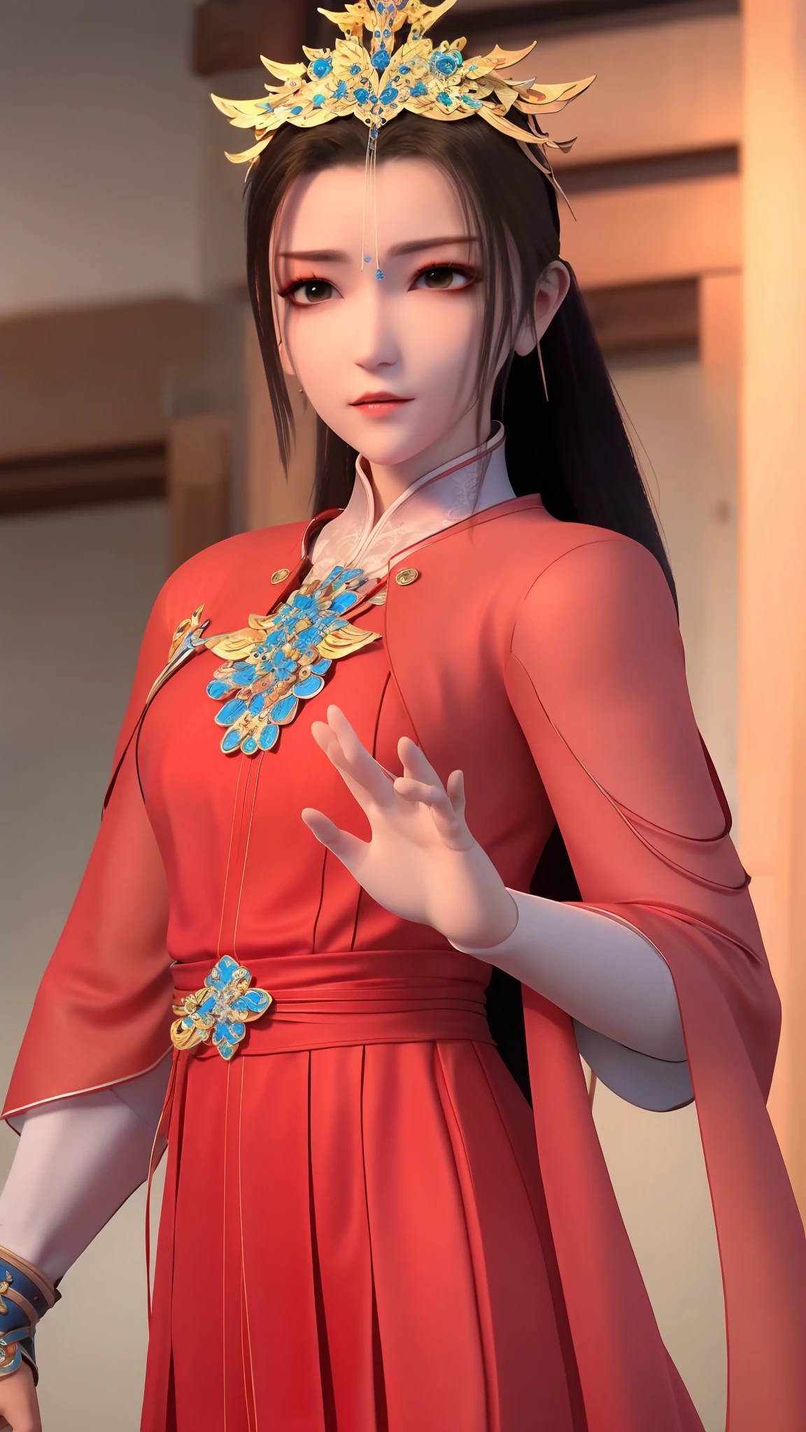 masterpiece,best quality,1girl, brown eyes, black_hair, chinese clothes,red dress,crown,jewelry,hair ornament,looking_at_viewer, cowboy shot,