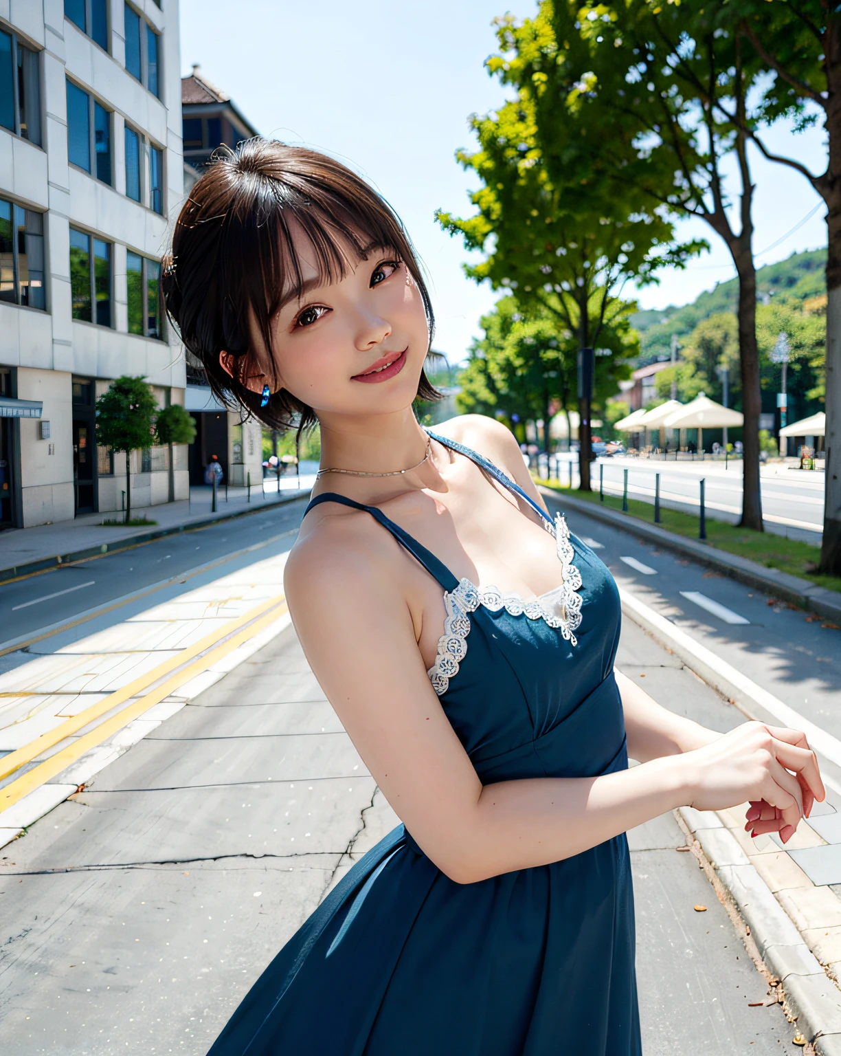 Woman waiting for people on street corner in yellow dress、the best quality、Girl 1ten mens、a large breast、tag、Brighter、Blur background、vokeh、plein-air、(street:0.8)、(ten mens々、crowd:1)、(lace-trimmed)doress:1.5、sleeveless dress、Yellow suit、Yellow High Neck Dress:1.2、Blue Dress:1.5)、a gorgeous(Very Shorthair、forehead:1.2)、Beautiful sky with details、耳环、(dinamic pose:1.2)、 (Haut du corps:0.8)、Soft lighting、Tuuli、glowy skin、smile on face、Sareme、Yellow sandals、
