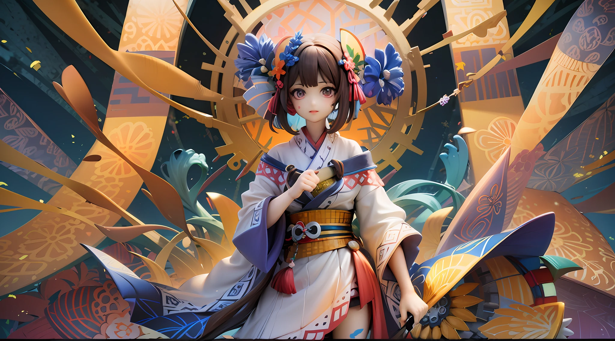  girls、Brown hair（Blue Inner Color）、short-cut、Red and blue flower hair ornament、Red Face Paint、Eyes of color、Kimono with white（Red and purple geometric pattern）Golden disk background（Purple and orange blossom pattern）、boga々Background、by night、stella々、Impressive pattern、Geometric pattern background、Fancy backgrounds