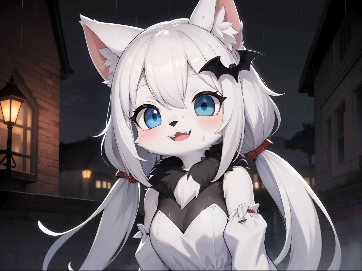 Cat Girl，was hairy，shaggy，Skin fur，White fur，Forelimb hands，hair splayed out，White ears，White face fur，White hair, hair splayed out, Shiny hair，Long hair，Hairline, low twintails，Blue eyes，Super cute face，happy, full-face blush, smiley，Empty eyes， Fangs，daggers，bat hair ornament，White dress，Ambient light，Ultra-fine fur，Volumetric eye, bangs, light and darkcontrast, ultra high def, 巨作, Super detail，Ruins background，crow，Night，starry light，Under the rain，In the rain，Drizzle，Wet with rain，rainy outside，High quality, ultra high def, high resolucion, Anatomically correct