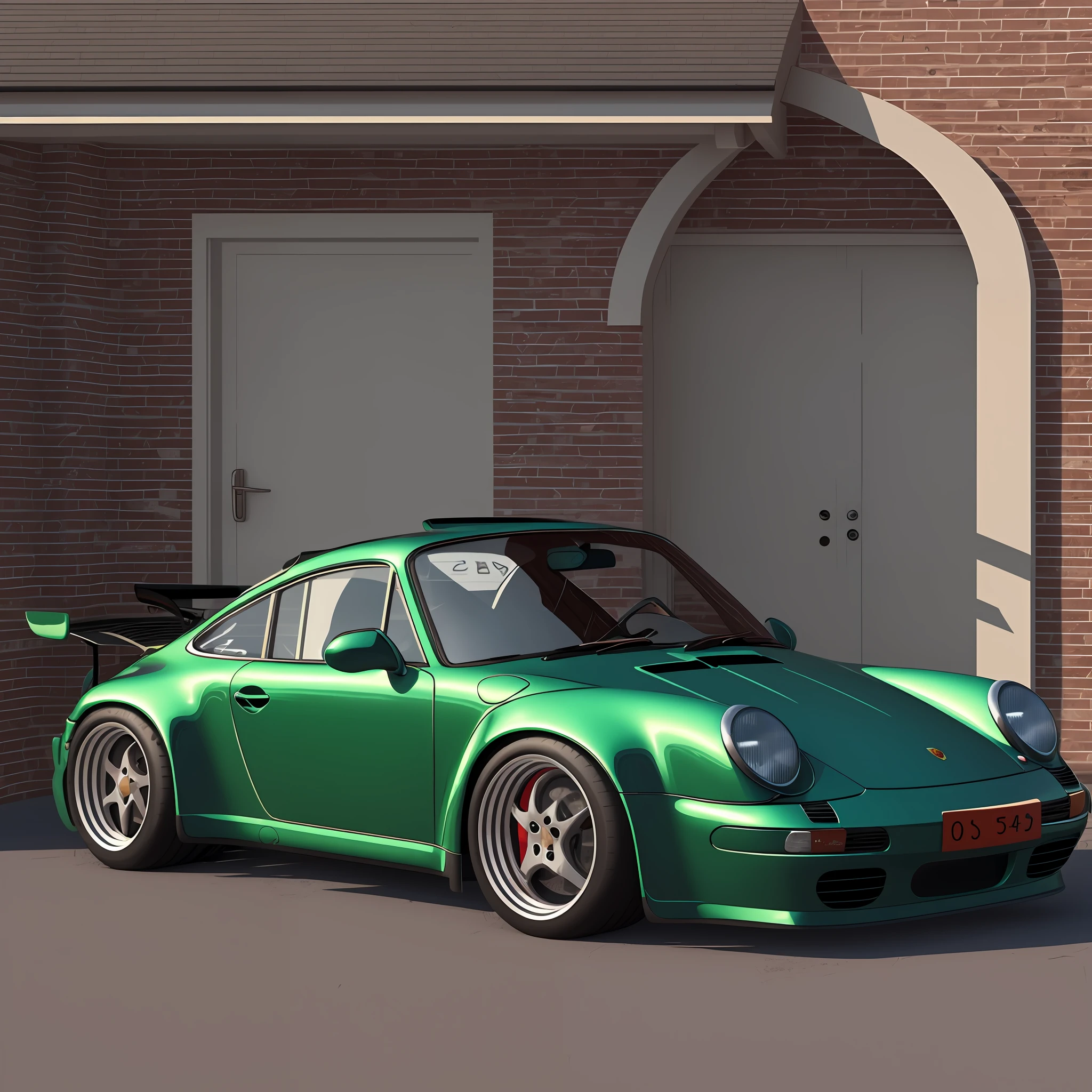 The Allafard Green Porsche 964 is parked in front of the garage, highly detailed hyper real retro, Porsche 964, Porsche 964,, hyper detailed 3d render, hyper detailed 3d render, Porsche 964, 3 d hyper realistic render, porch, ultrarealistic render, hyperrealistic 3d render, hyperrealistic render，refit，broad body，empennage，Porsche 964