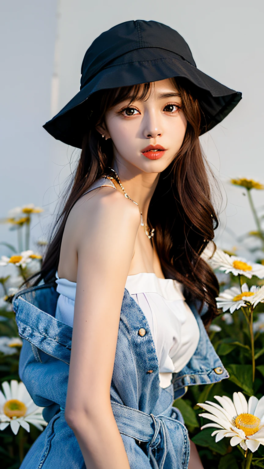 Bucket Hat、Daisy、flowers、slong hair、Outfit in black