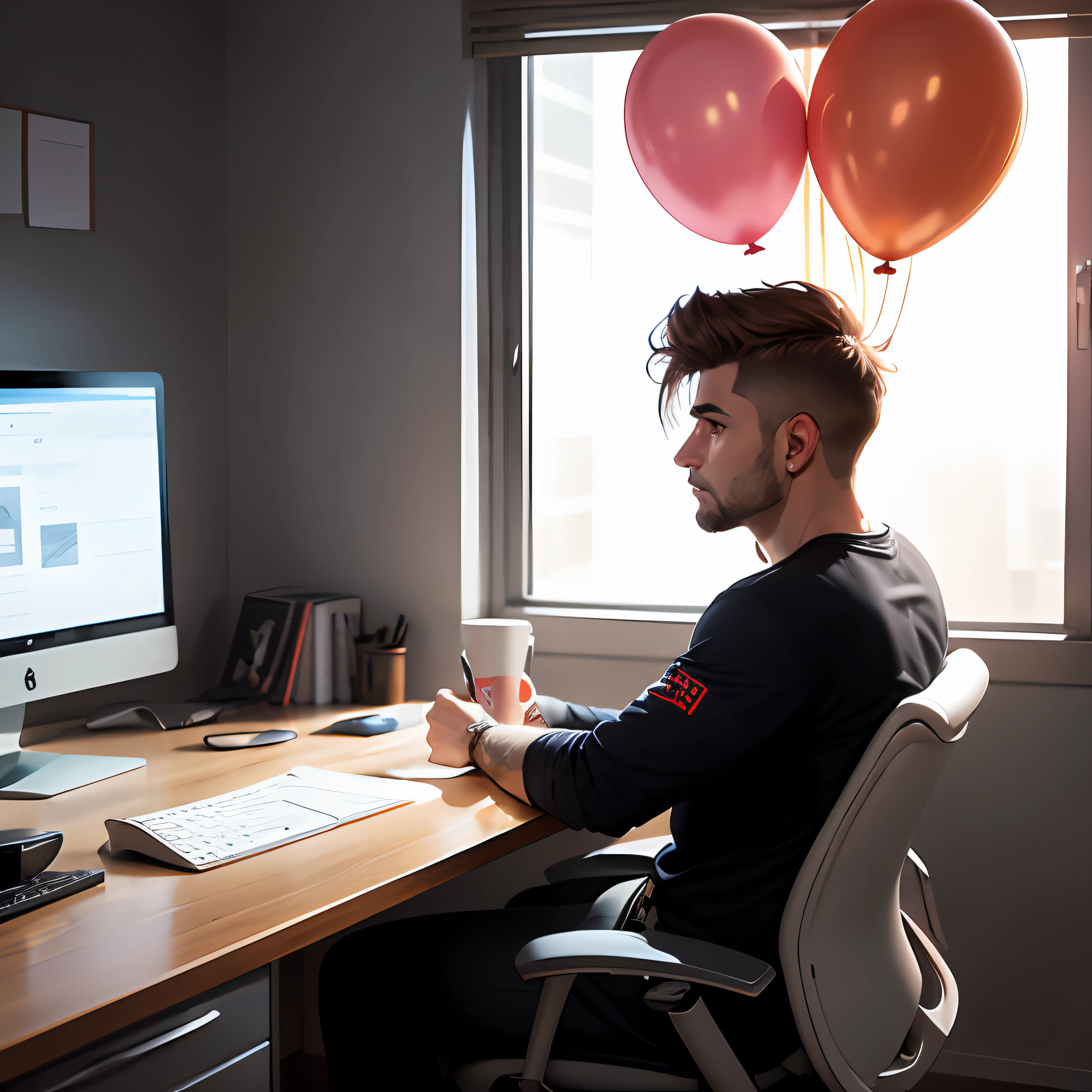 .room {
background-color: #000;
height: 100vh;
display: flex;
align-items: center;
justify-content: center;
position: relative;
font-family: "Arial", sans-serif;
color: #fff;
}
.background {
position: absolute;
top: 0;
left: 0;
width: 100%;
height: 100%;
opacity: 0.8;
z-index: -1;
}
.desk {
display: flex;
justify-content: center;
align-items: center;
margin-top: 50px;
position: relative;
}
.computer {
max-width: 500px;
}
.balloon-shirt {
position: absolute;
top: 10px;
right: 10px;
max-width: 150px;
}
.study-cat {
position: absolute;
top: 50%;
left: 40%;
max-width: 200px;
transform: translateY(-50%);
}
.study-cat img {
max-width: 100%;
}
.quote-style {
font-size: 20px;
font-weight: bold;
text-align: center;
}
This scene depicts a 27-year-old man with a shirt emblazoned with a red balloon in the upper right corner of his chest.
4k, alta resolução, 8K, papel de parede unificado, Obra prima, Realista, pele detalhada, olhos detalhados, rapaz brasileiro, Moreno. --auto