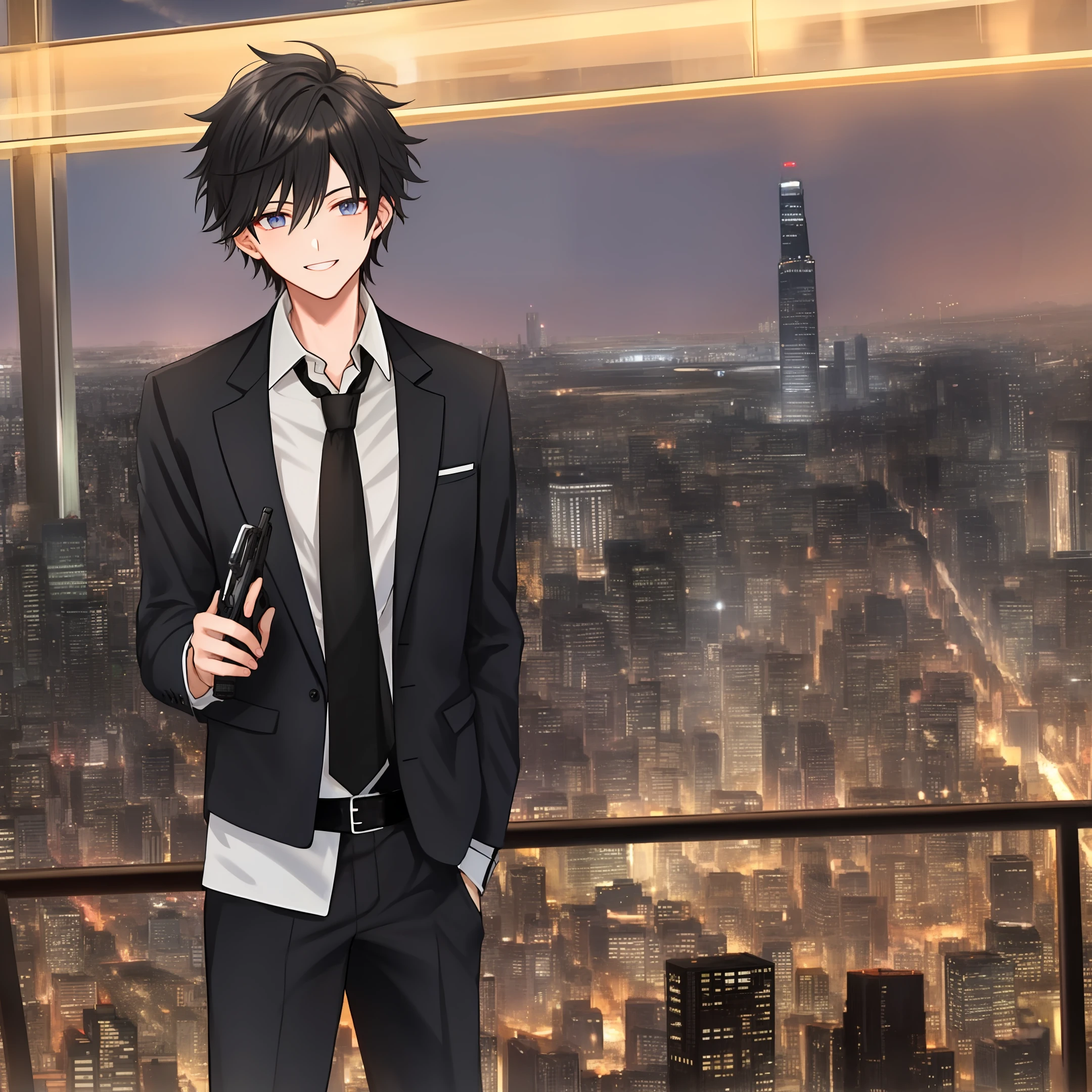 He has sharp eyes and a confident smile，Wearing a black suit，A black pistol was held in his hand，The background is a night view of the city。His hairstyle is neat，It's a little messy，Show his calmness and decisiveness