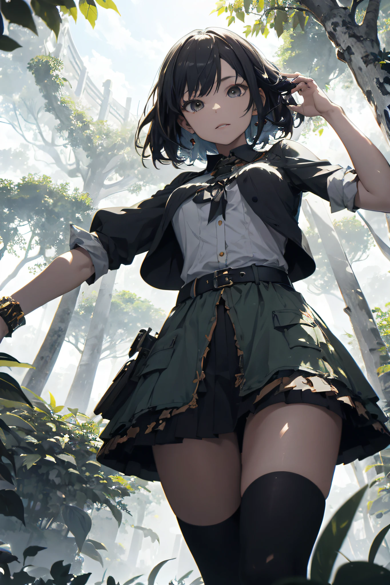 fairy in bright forest, attractive style, dynamic light and shadow, short pink hair, disheveled clothes, clean nosed face, teasing lips, blurred background, blush, teasing face, glowing eyes, full body shot, dark night, Makoto Shinkai and Ghibli studio, soft lighting, high detail, incredible quality, trending at art station, masterpiece, 8K