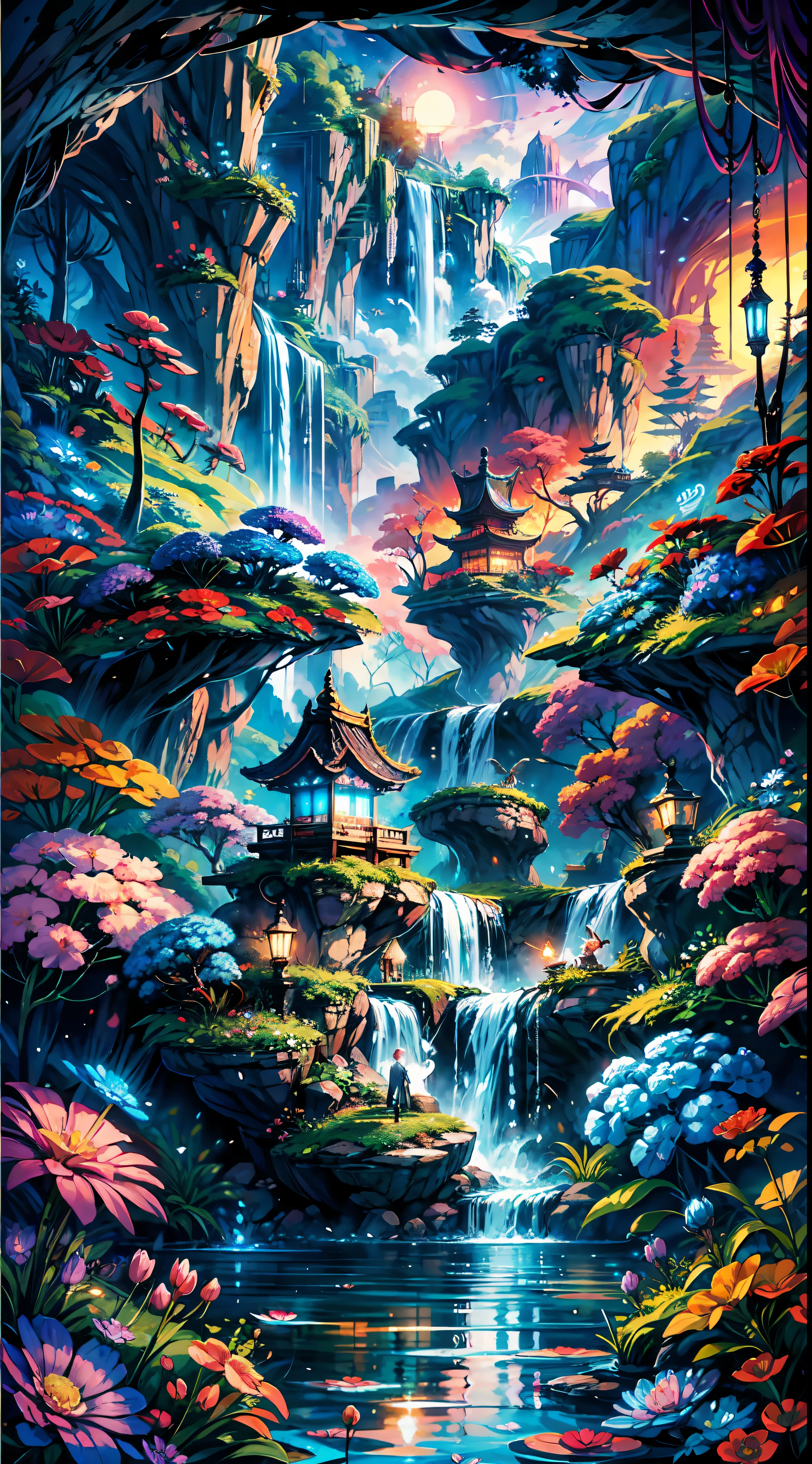 masterpiece, best quality, trending on artstation, The image portrays an otherworldly scenery that takes you on a magical journey to ancient fantasy China. In the center of the image, you see a magnificent waterfall cascading down from a towering cliff into a serene and tranquil pool below. The water sparkles with the reflection of the sun, creating a dazzling display of light. Above the waterfall, you see a series of floating islands, each one seeming to defy the laws of gravity and physics BREAK These islands are adorned with intricate details, with pagoda-style roofs, ornate bridges, and lush gardens. The sky above is a tapestry of colors, with hues of pink, orange and purple that blend together in a stunning display of natural artistry. You also see hints of magic, with glowing orbs of light floating in the air, and intricate symbols etched into the rocks surrounding the waterfall BREAK The overall effect of the image is one of serene beauty and mystical wonder, transporting the viewer to a fantastical land that seems to exist only in the realm of dreams and imagination.