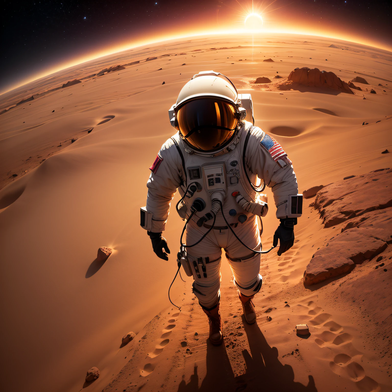 Astronauts on Mars, wearing space helmets and spacesuits, appear slightly invisible. He stepped on the red desert, with a vast and boundless Martian plain in the background, filled with red rocks and dust in his field of vision. The sun shines brightly through the thin atmosphere, illuminating Mars and creating a magnificent scene in space. The figure of the astronaut walks alone on this desolate planet, with the endless darkness of the universe behind him. This photo captures an atmosphere of loneliness, grandeur, and infinite possibilities, immersing people in it and triggering countless thoughts and imaginations about the universe. --auto