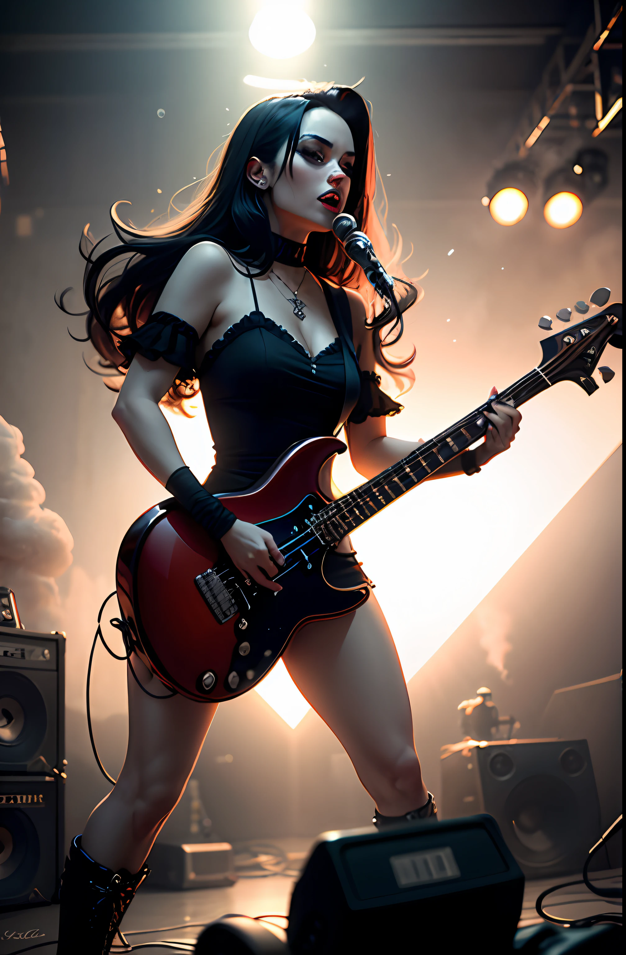 "An epic heavy metal performance featuring four talented vampires - a guitar vampire, uma vampira vocalista, A vampire bassist and a vampire guitarist - showing off all her musical skill and unique style live. The intense lighting highlights their fascinating features as they play exciting music in an engaging atmosphere. The scenery is stunning and gloomy, com um palco impressionante, thick smoke and strobe lighting to create an inexplicable environment that will engage the audience."