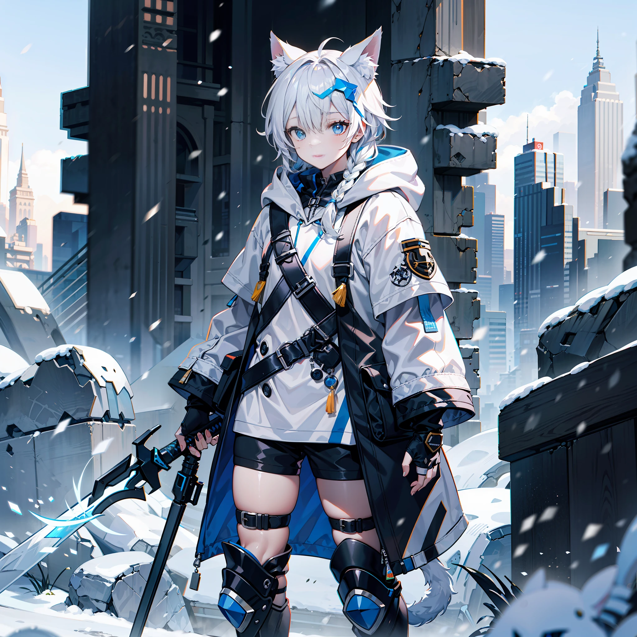 Blurred edge lines,Dimly used color,Snowfield background,Single full body image,Weapon hoarders,Kerobai's twin brother,Otolus,Short silver-white hair,A small braid,Ice blue eyes{The eyes are the same color},Canine ears and tail,Blue hoodie,Heavy clothing accessories,Knowledgeable boy,Practical sci-fi style,Reduces skin exposure,offcial art,Optimize human body details,clothing details optimization,Ark of Tomorrow,Detail art,nmasterpiece,the best quality,high resolucion,Best quality and high quality,8K