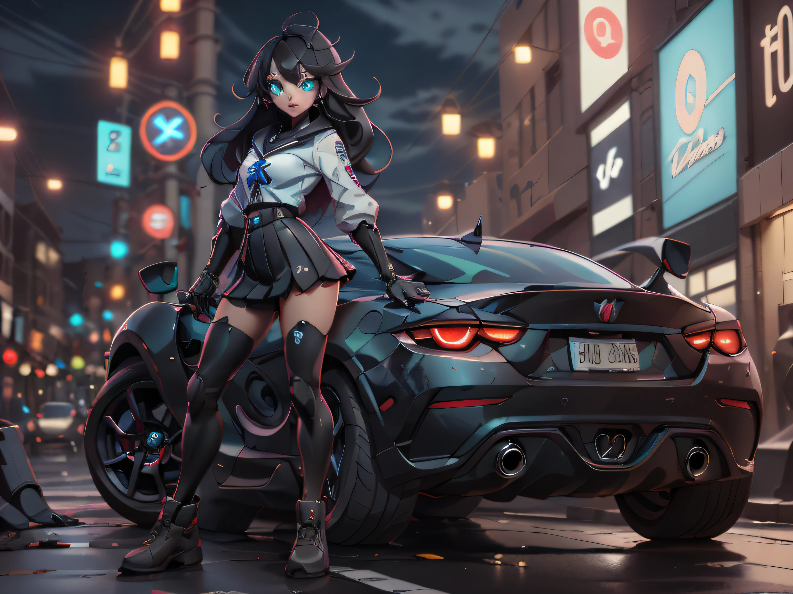 ((masterpiece, best quality)), ((1girl)), (1girl:1), [car], solo, (girl stand in front of car),sitting , sidelocks, aqua eyes, bangs, hair between eyes, looking at viewer, long sleeves,bright,neon lights,night,midnight,city,cyberpunk,light,[motor vehicle],[ground vehicle], sports car, black sailor collar, black serafuku, long hair, black hair, black thighhighs, Pleated skirt, brown footwear, vehicle focus,
