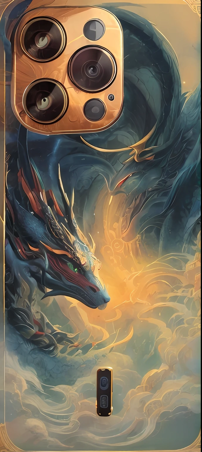 There is a picture of a phone case,There is a picture of a dragon on it, inspired by Nōami, inspired by Sōami, mobile phone wallpaper. intricate complexity, the Milky Way, full art, fantasy - n 9, inspired by Ma Yuan, inspired by Ma Lin, bottom - view, tanks, Detailed painting 4 k, intricate oil details, extended art, full - view