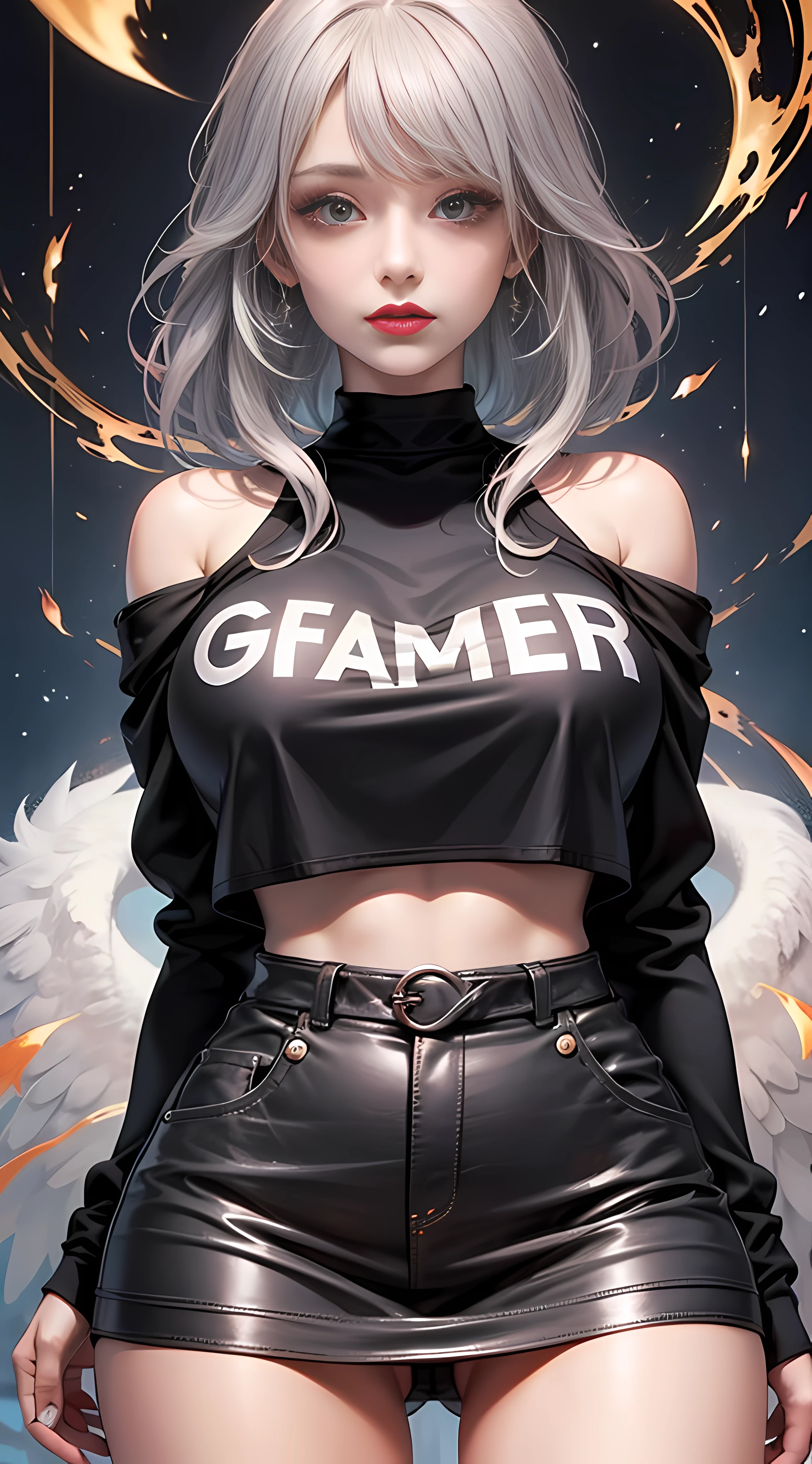 Ultra high quality，8K，Giant Breast Girl，Sexy and feminine, high and cold，Dark beauty，Enchanting，The head proportions are perfect，Gray hair，Wear a sweatshirt monogram print, Short red high-waisted skirt，Flaming red lips，Swan neck，chokers，O sol brilha intensamente，smallbreast，