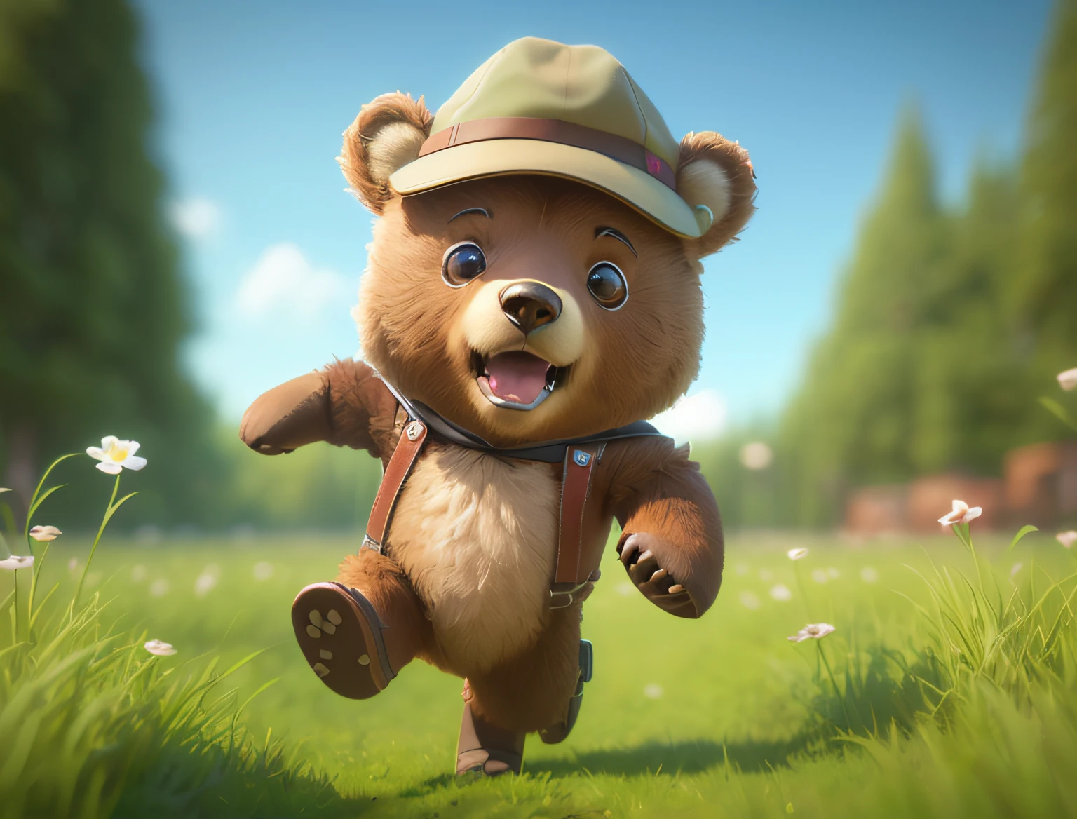 cartoon bear running in a field of grass with a hat on, wojtek fus, cute 3 d render, cute digital painting, running from bear, childrens art in artstation, portrait of anthropomorphic bear, trending on artstation”, pixar cute character design, john park, 3 d epic illustrations, 3 d render stylized, toon render keyshot