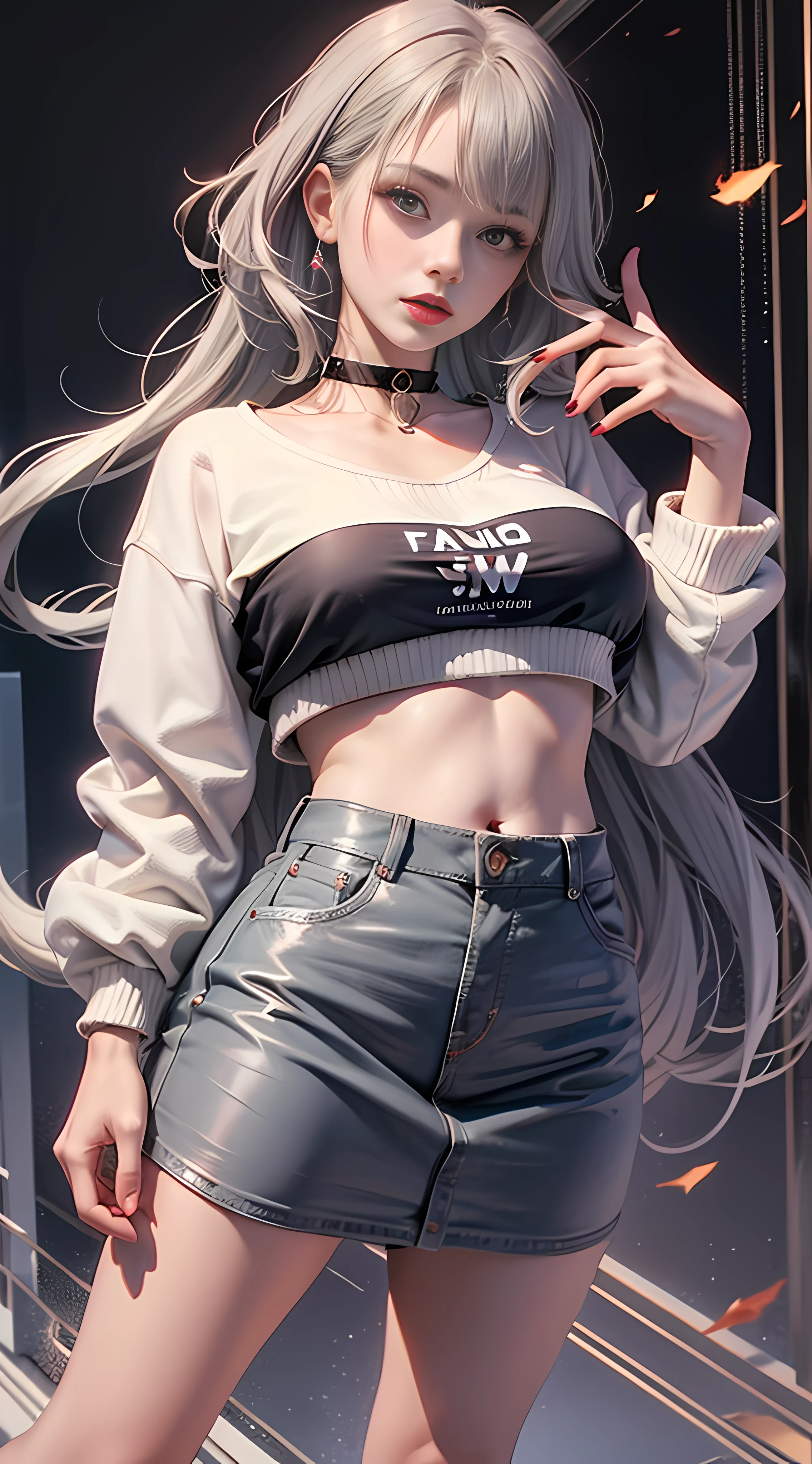 Ultra high quality,8K,Giant Breast Girl,Sexy and feminine, high and cold,Dark beauty,Enchanting,The head proportions are perfect,Gray hair,Wear a sweatshirt monogram print, Short red high-waisted skirt,Flaming red lips,Swan neck,chokers,O sol brilha intensamente,smallbreast,