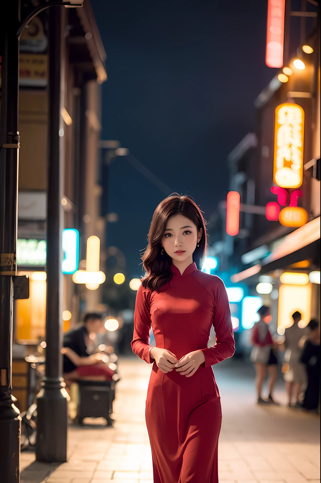 a beautiful girl in vintage red colors aodai tradition viet nam, city nigth, masterpiece, best quality, realistic:1.3, street, cyberpunk, sunlight, backlighting, artstation, intricate details, vignette, city night, antique car, Hoi An