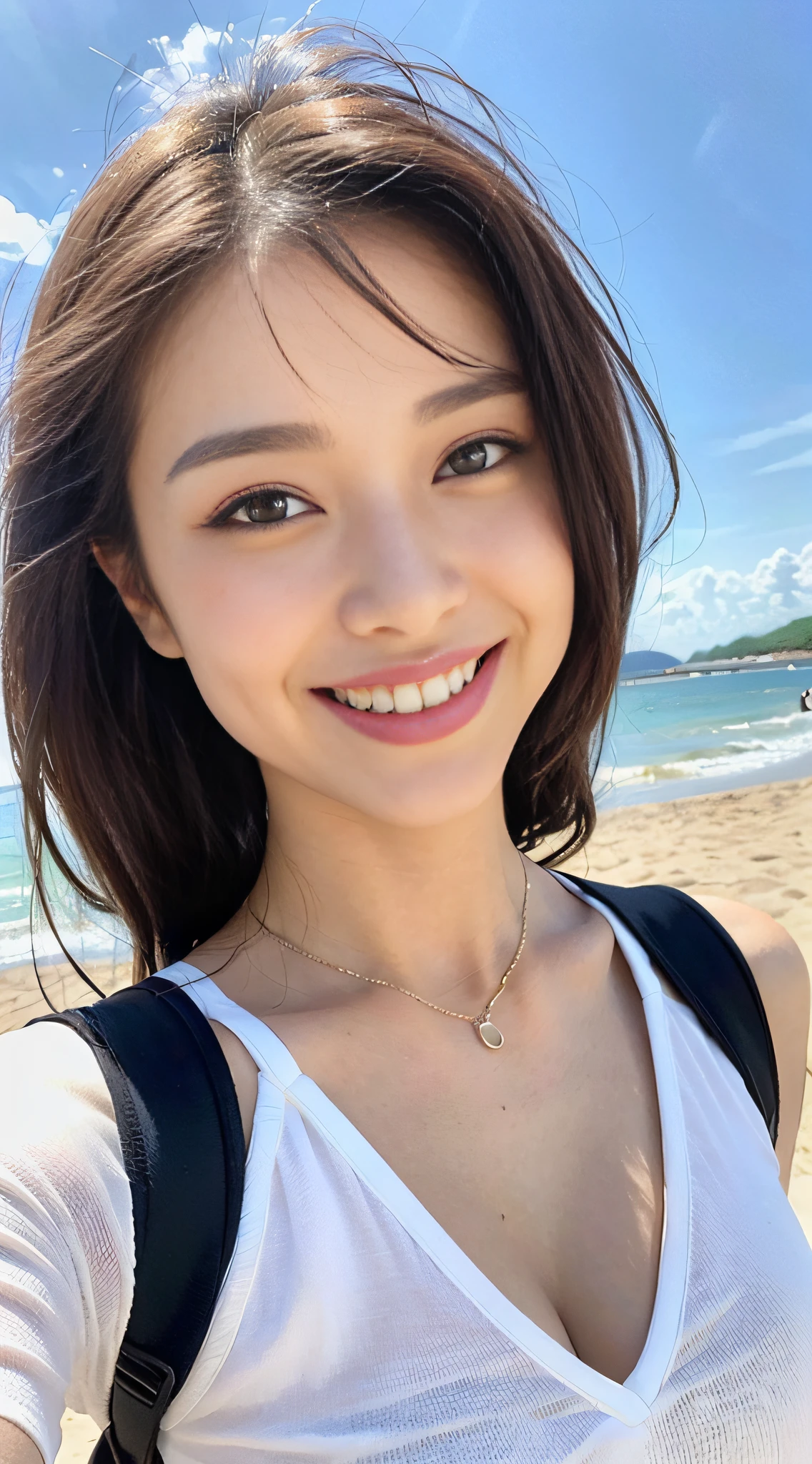 (8K,RAW photos,最佳质量,ultra high def,nmasterpiece:1.2),(pphotorealistic,Photorealistic and realistic:1.37),Facial details HD,Delicate skin,professionallighting,photon maping,radiosity,Beach side,bella ragazza,backpacks,Smile on your face,White teeth,The sky is clear,Cool summer clothes,Background sea,Sunny with blue sky