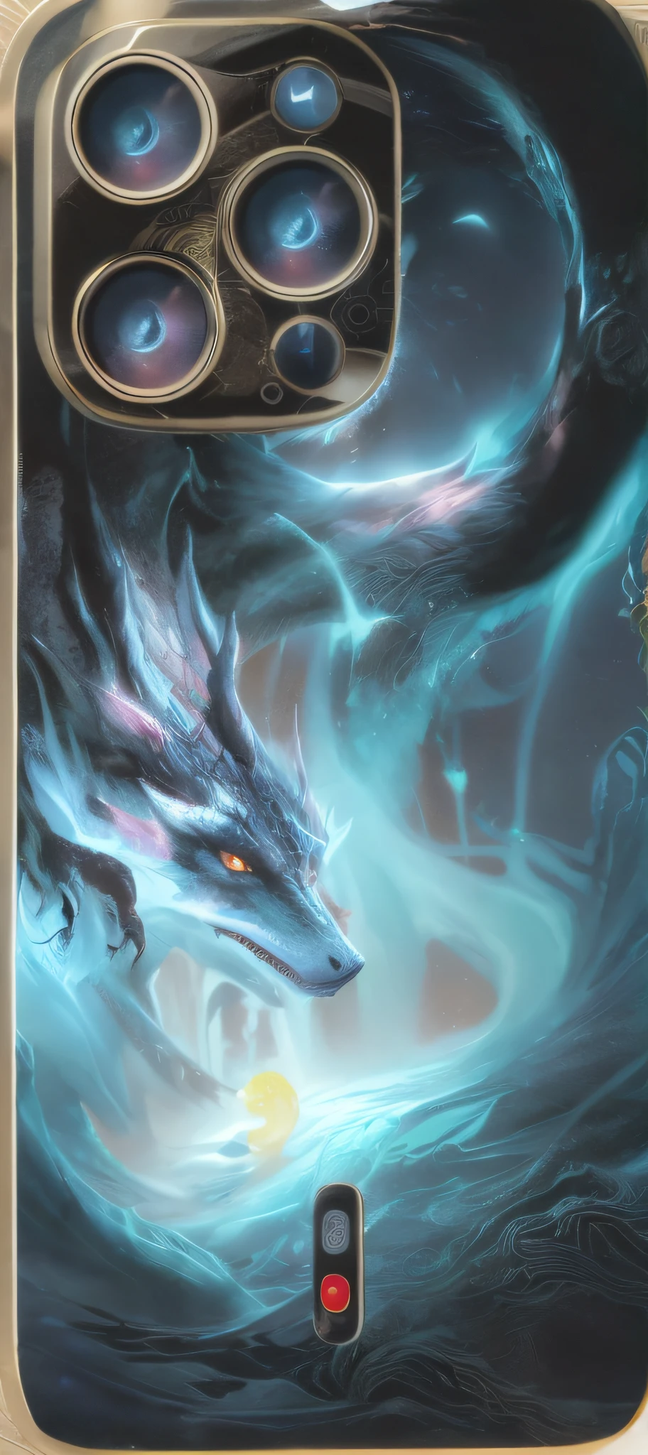 There is a picture of a phone case,There is a photo of a dragon circling above, inspired by Nōami, inspired by Sōami, mobile phone wallpaper. intricate complexity, the Milky Way, full art, fantasy - n 9, inspired by Ma Yuan, inspired by Ma Lin, bottom - view, tanks, Detailed painting 4 k, intricate oil details, extended art, full - view