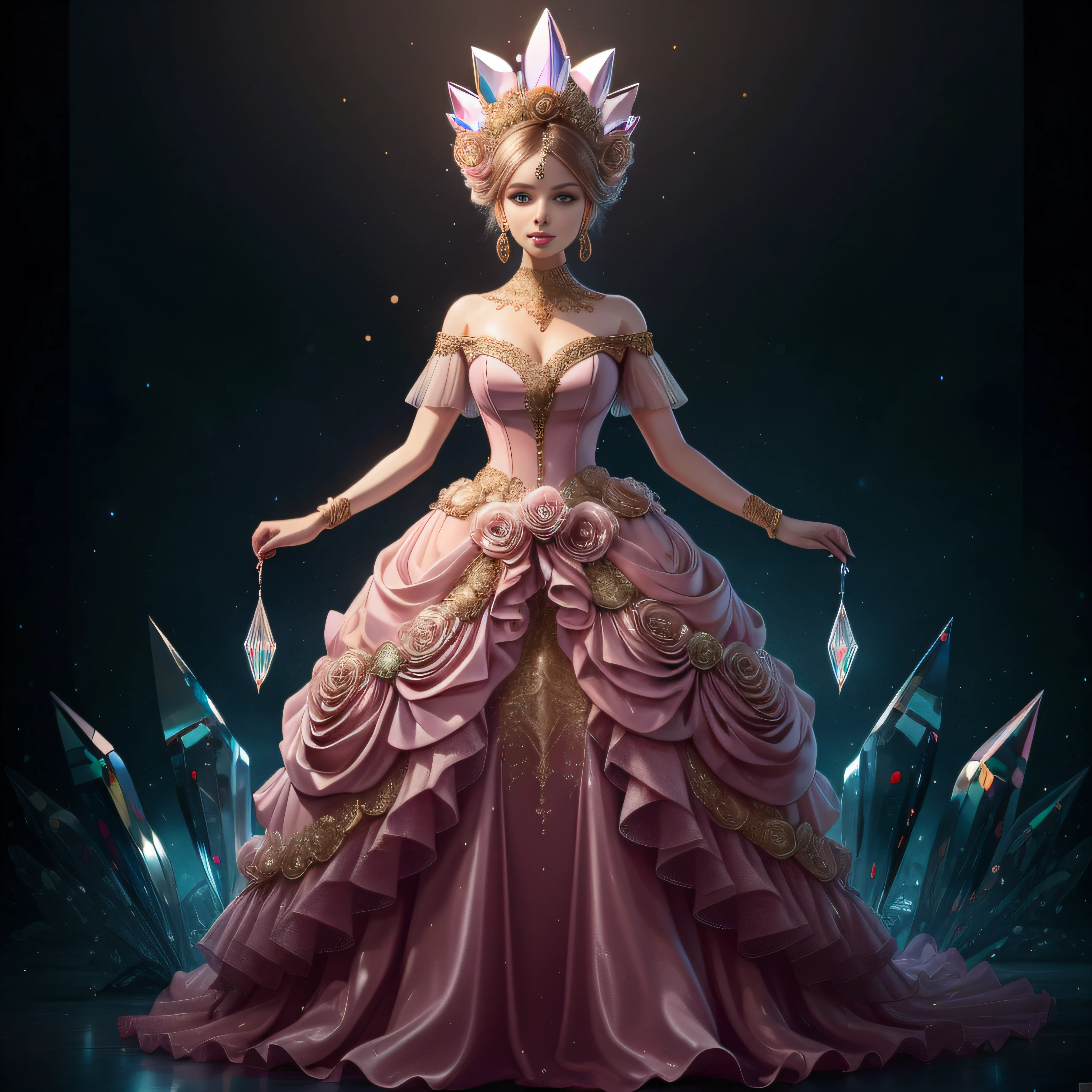 a day of the dead goddess wearing a majestic ((crystal)) dusty pink and gold ball gown dress, big beautiful dress, intricate puffy ball gown with lots of ruffles and rhinestones (Masterpiece, Top Quality, Best Quality, Official Art, Beautiful and Aesthetic: 1.2), (1 Flower), Full Body, Extremely Detailed, (Fractal Art: 1.3), Colorful, Most Detailed
