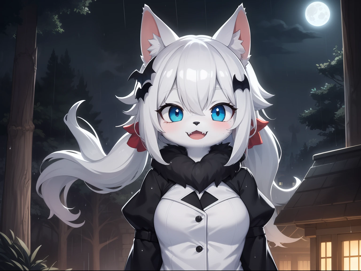 Cat Girl，was hairy，shaggy，Skin fur，White fur，Forelimb hands，hair splayed out，White ears，White face fur，White hair, hair splayed out, Shiny hair，Long hair，Hairline,  low twintails，Blue eyes，Super cute face，Happy, full face blush, smiley，Empty eyes， Fangs，bat hair ornament，White dress，Ambient light，Ultra-fine fur，Volumetric eye, bangs, light and darkcontrast, ultra high def, 巨作, Super detail，Forest ruins background，crow，Night，A starry sky，full moon，Under the rain，In the rain，Drizzle，Wet with rain，rainy outside，High quality, ultra high def, high resolucion, Anatomically correct