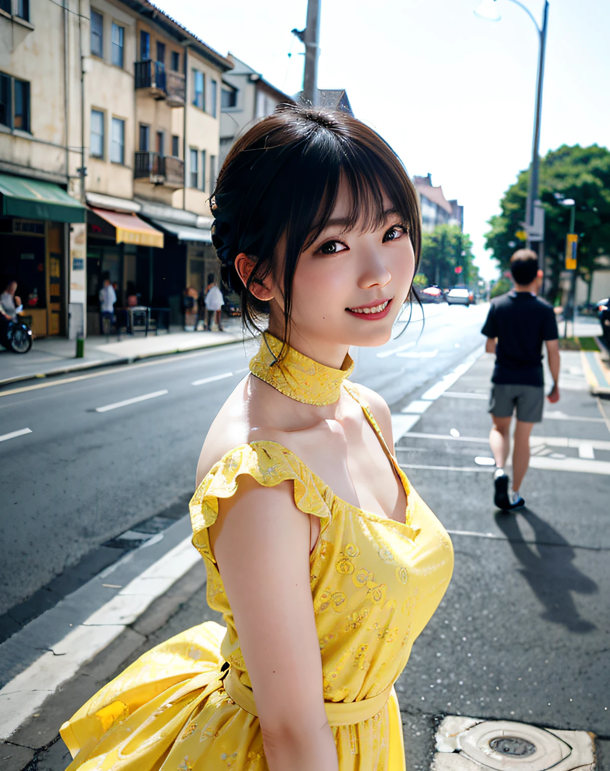 Woman waiting for people on street corner in yellow dress、beste-Quality、Girl 1ten mens、a large breast、tag、Brighter、Blur background、vokeh、plein-air、(Street:0.8)、(The human々、Crowd:1)、(lace-trimmed)doress:1.5、Sleeveless dress、Yellow suit、Yellow High Neck Dress:1.2、Blue dress:1.5)、a gorgeous(Very Shorthair、Forehead:1.2)、Beautiful sky with details、耳环、(dinamic pose:1.2)、 (Haut du corps:0.8)、Soft lighting、Tuuli、glowy skin、smile on face、(Sareme:1.2)、Yellow sandals、