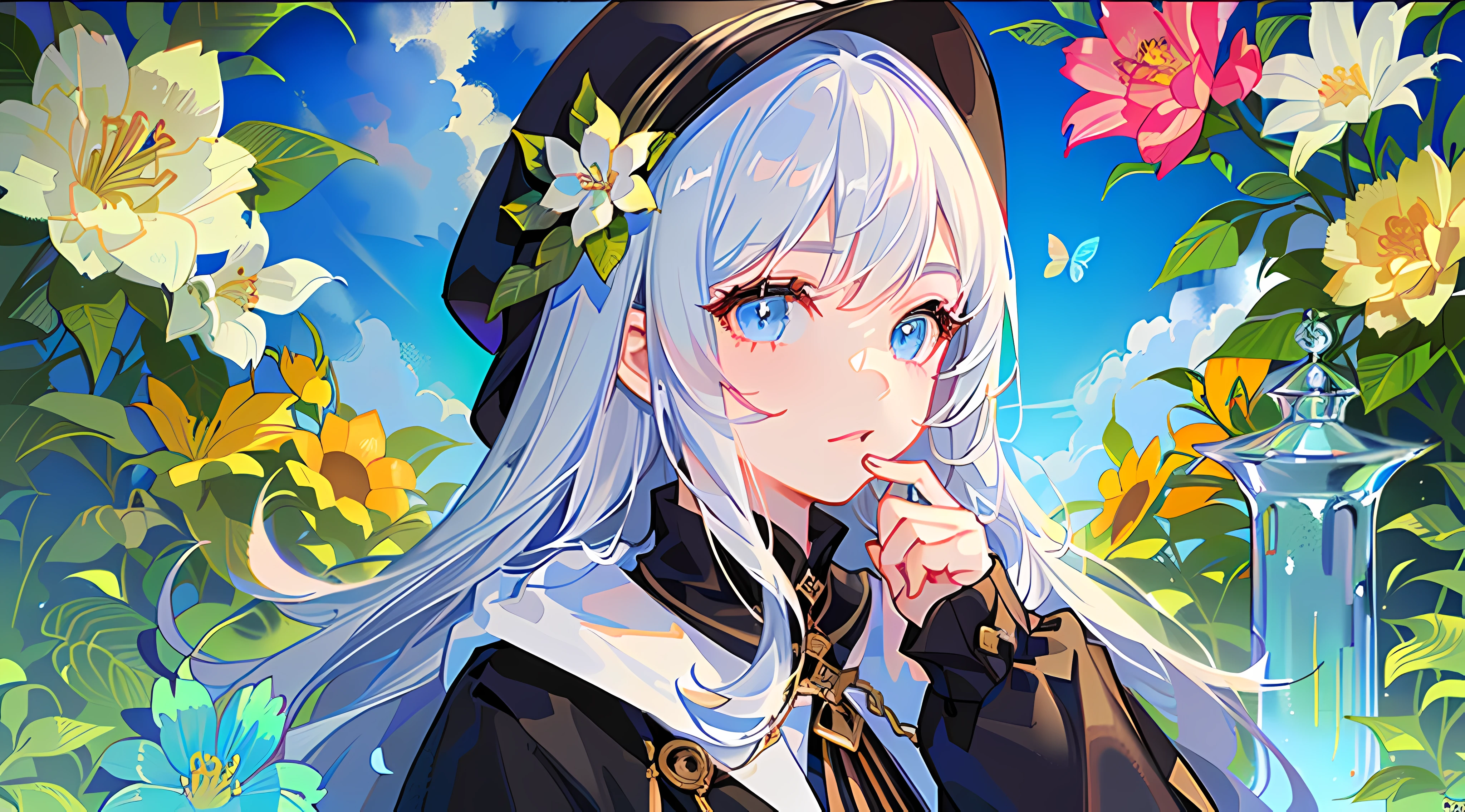agirl,(Gold-patterned hood,There are colorful flowers on the cap,Messy and flowing hair,length hair,whitehair,Blue eyes,glass pupil,Cherry small mouth,Distant View),prette,Cutes, (Black trench coat,Wide sleeves:1.2), (At night sky,Light is emitted from the bottom,flowers fields,glowing butterflies:1.3), Close up of,Haut du corps,(the best quality,ultra fine,nmasterpiece:1.3),Original,extremelydetailedwallpaper,(perfect litthing),(extremely details CG:1.2),brushwork,paint brushes,animel,comic strip,(Ultra-detailed hand descriptions:1.2)