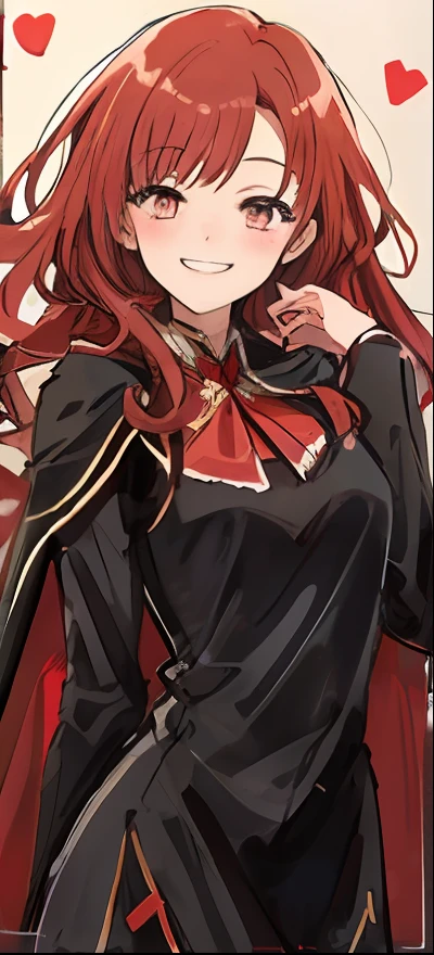 1girl, bangs, black_dress, blush, breasts, cape, dress, grin, heart, long_hair, long_sleeves, red_hair, simple_background, sketch, smile, solo, spoken_heart, very_long_hair