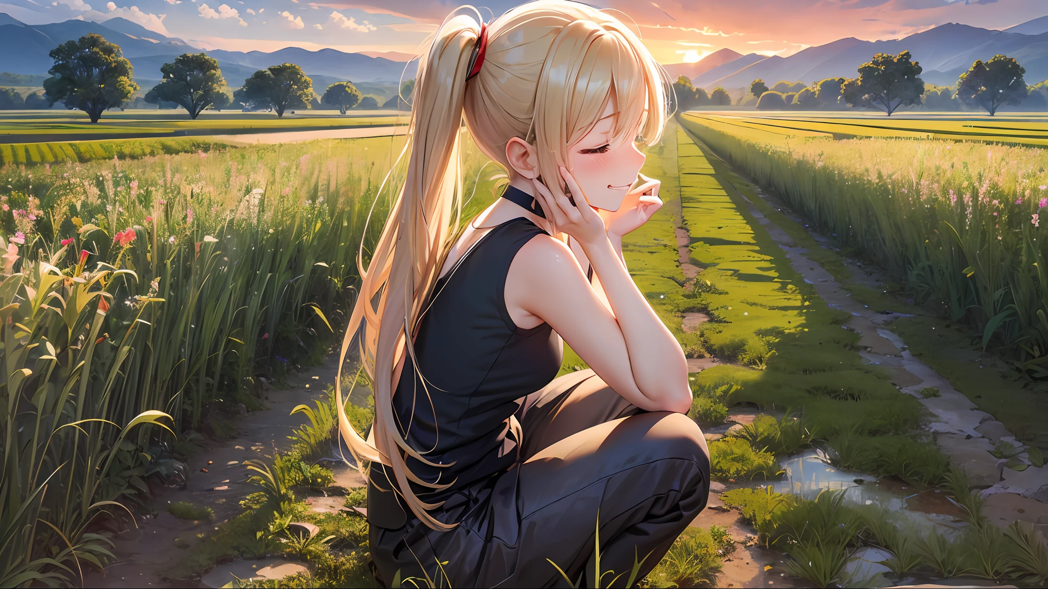 Top Quality, Best Masterpiece, 1 Woman, Solo, 20 Years Old, (Close Eyes: 1.4), Open Mouth, (Sad Smile Crying: 1.4), (from Side: 1.3), (Looking Away: 1.4) Slender Body, (Gold Hair), Low Twin Tails, Shiny Hair, Tank Top with Red Lines on Black, Checked Skirt, Black Sneakers, Blushing, evening, a lot of rice fields, big sunset, sitting in the steppe, choker, hiding hands behind your back