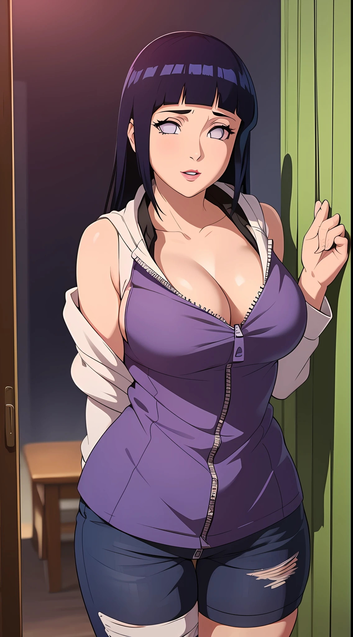 nmasterpiece， high-re， highly quality， Detailed face， detailed body render， 1girl， 独奏， Hinata Hyuuga， Hinata sleeveless clothing，Large Big breast，， Sleeveless shirt， Fishing net clothing， Dark lips， Unzipped jacket， exhibitionism，No bras， breasts out，， to stand， face red， （In the bedroom）
