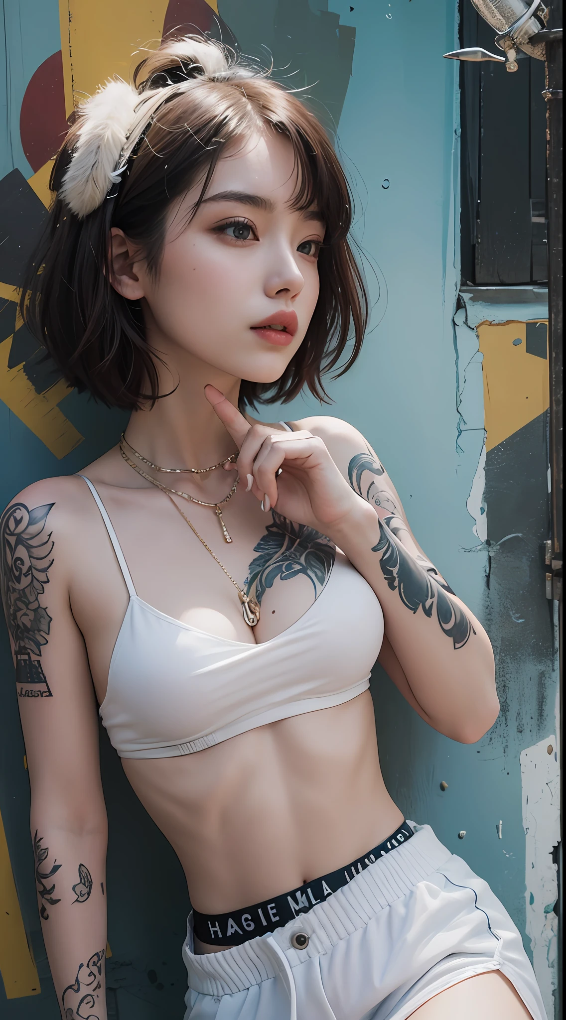 ((daytime、Real Light、beste-Quality、in 8K、A masterpice:1.3))、1人、beautiful a girl:1.4、Abs 2,0、Ass 1.5、Very bright outdoor、(Bright shorthair、Beauty Breast 1.0)、White shorts:1.2、off shoulders、hyperdetailed face、Detailed eye、双眼皮、Full body piercing、Full body tattoo