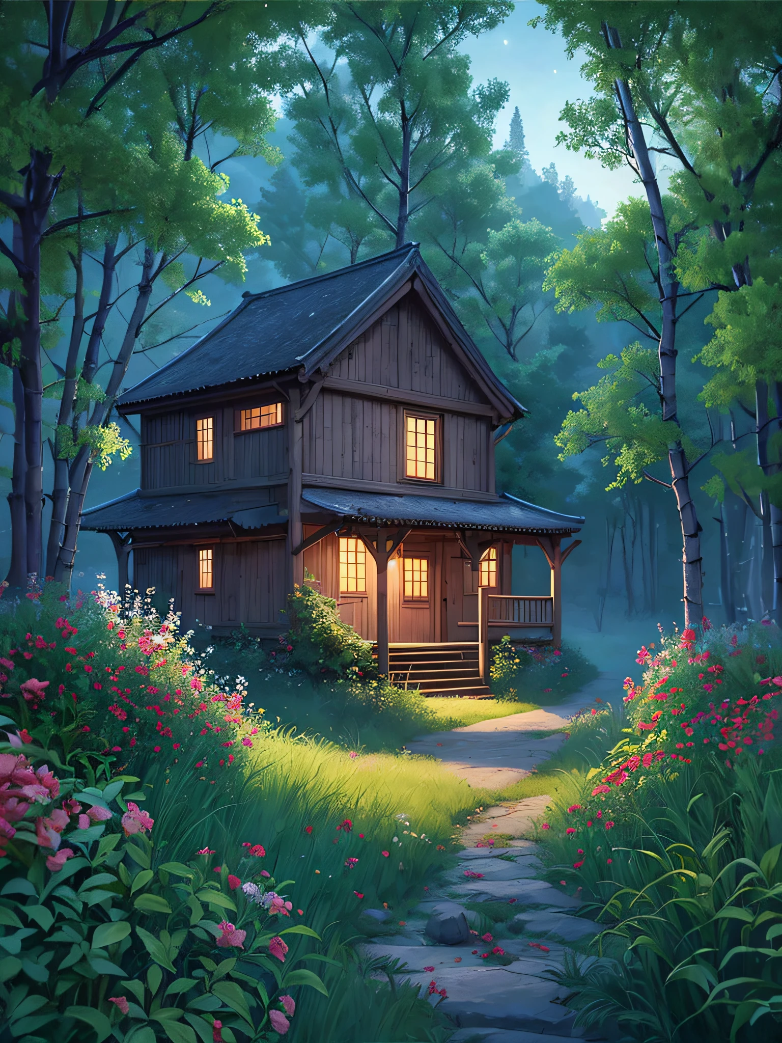 nighttime scene of a house in a forest with a path leading to it, calm night. digital illustration, beautiful house on a forest path, background artwork, cottage in the forest, 4k highly detailed digital art, solitary cottage in the woods, house in forest, nightime village background, house background, cottage in the woods, 4k detailed digital art